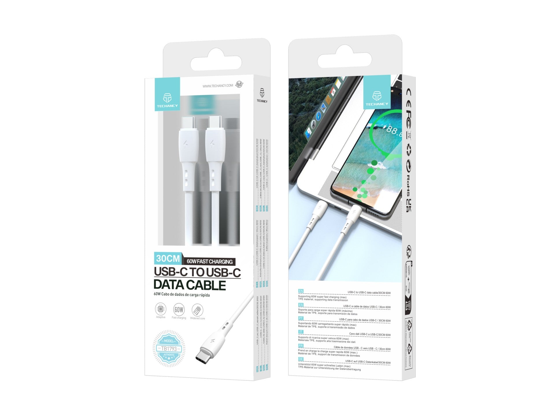 Techancy Cabo De Dados USB C to USB C Branco TB1778, Carregamento Pd60W, 30cm Adequado Para Utilização Com Power Bank