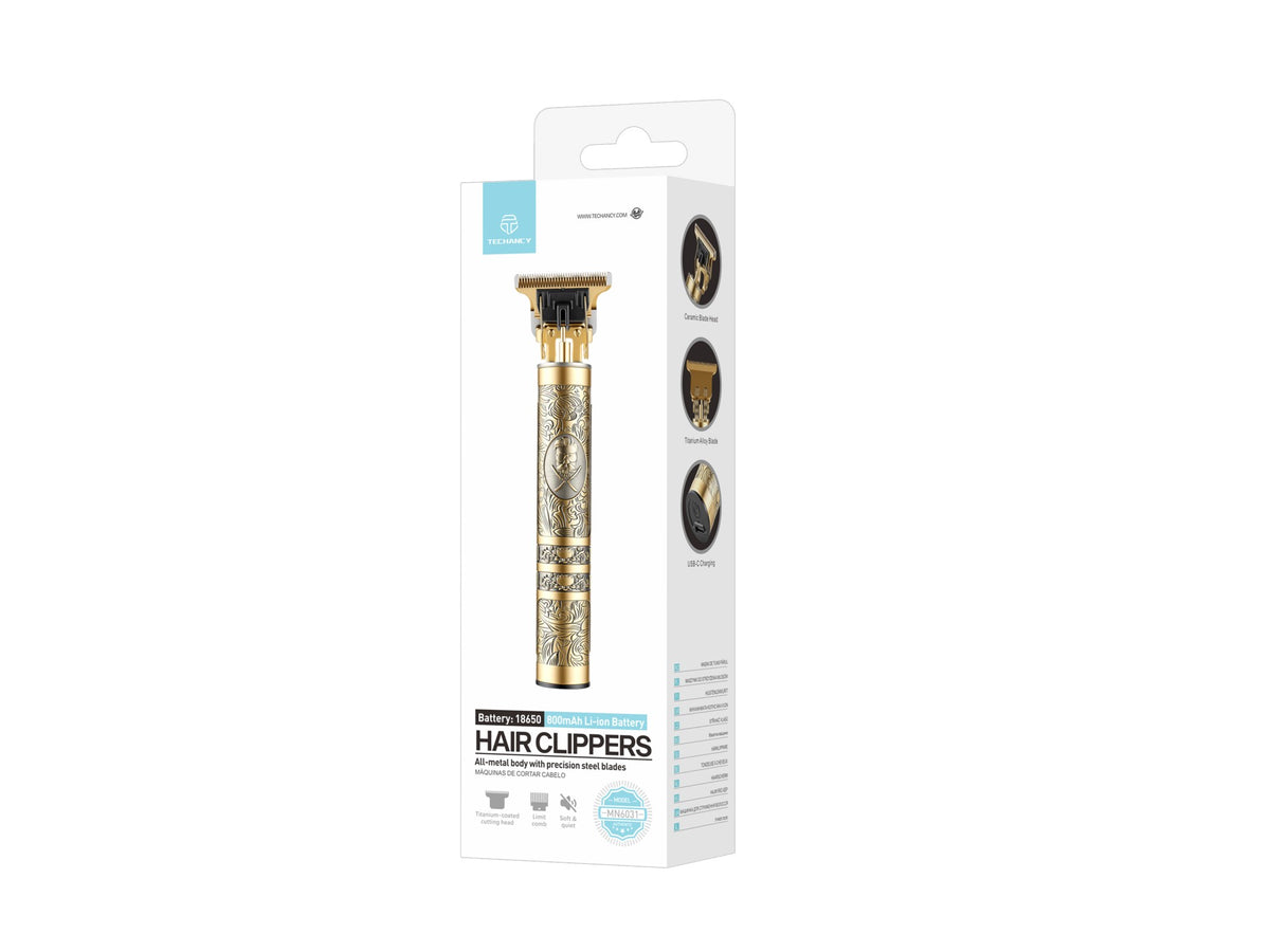 Techancy Maquina de Cortar Cabelo MN6031 com Lamina de Aco, Bateria 18650, USB-C, Corpo Metalico, Dourado