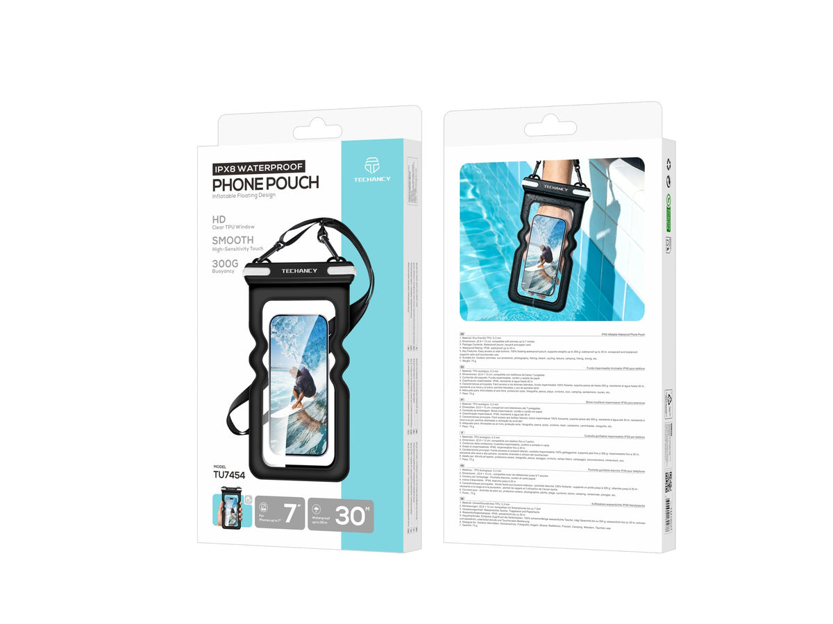 Bolsa Impermeavel Insuflavel para Telemovel Techancy TU7454, 7 Polegadas, IPX8, Ate 30m, Flutuante, Ecra Tatil, Preto