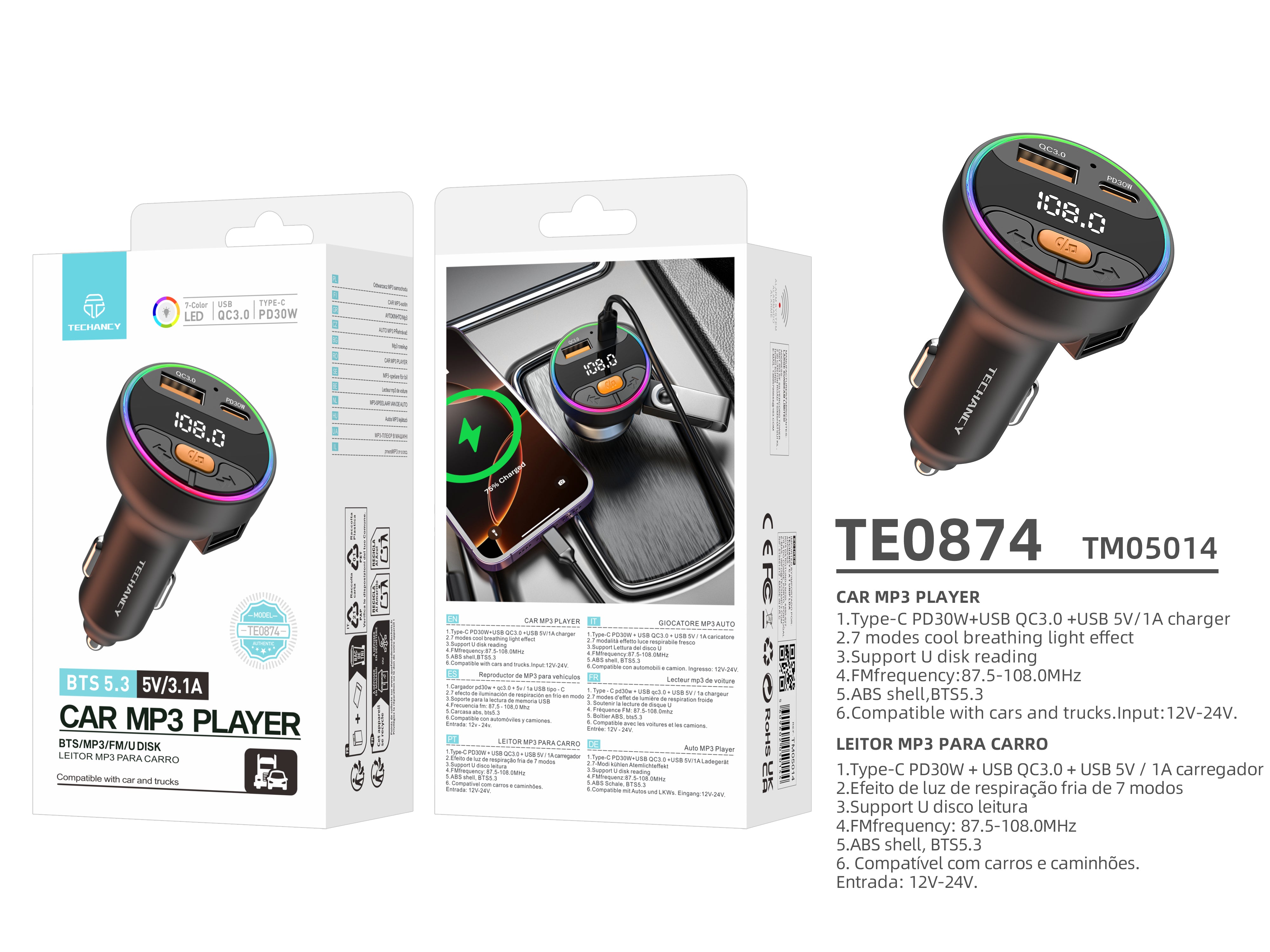 Techancy Car MP3 Player TE0874, PD30W+QC3.0, 7 Color Light, FM 87.5-108MHz, U Disk, Compatible 12-24V