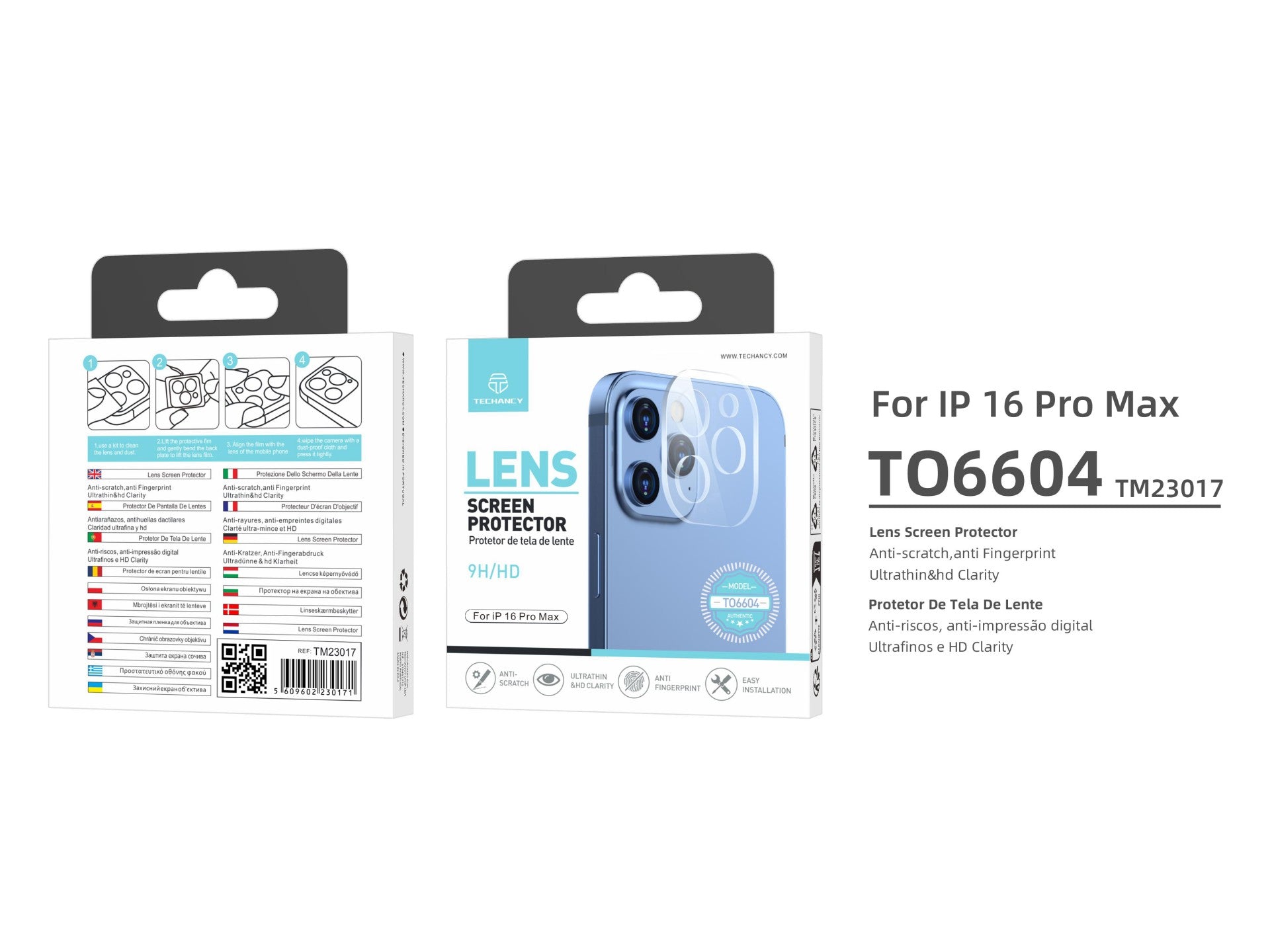 Techancy Protetor de Lente para iPhone 16 Pro Max TO6604, 9H Anti-riscos, Anti-digital, Ultrafino e HD, Fácil de Instalar