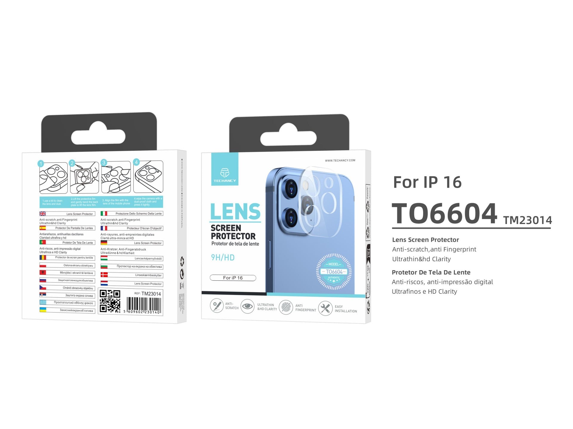 Techancy Protetor de Lente para iPhone 16 TO6604, 9H Anti-riscos, Anti-digital, Ultrafino e HD, Fácil de Instalar