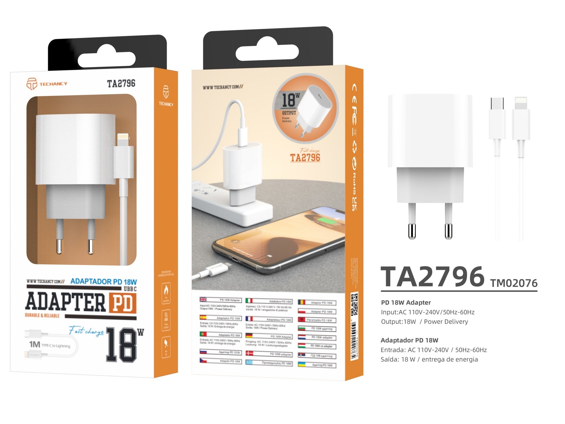 Techancy PD Charger 18W TA2786, USB-C Lightning Cable Set, 18W Fast Charging, Compact and Portable