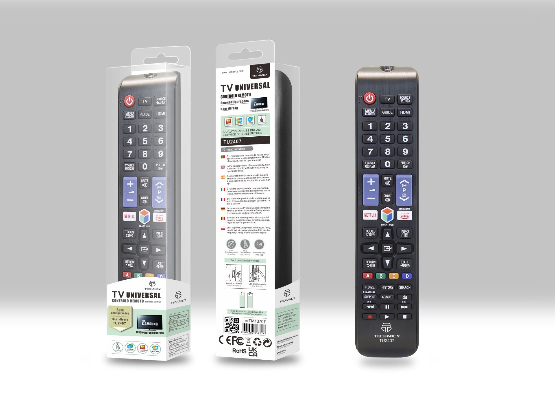 Techancy Controlo Remoto Do Televisor TU2407, Alcance Sem Fios De 8m, Compatível Com Televisores Samsung, Ligação Auto-Adaptável