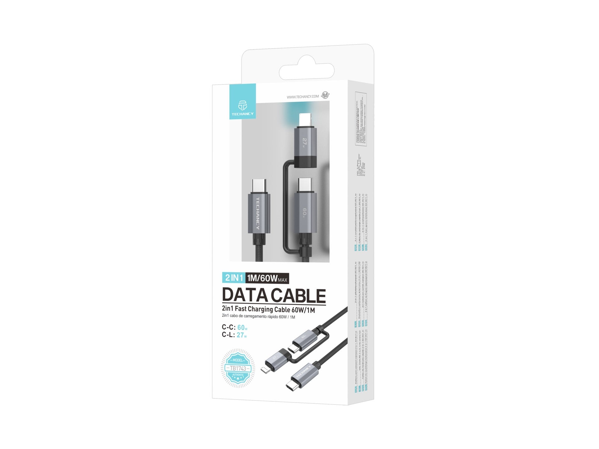 Cable de carga rápida Techancy TB1743 2 en 1 de 1 m, USB-C a USB-C de 60 W y USB-C a Lightning de 27 W, cable duradero para múltiples dispositivos