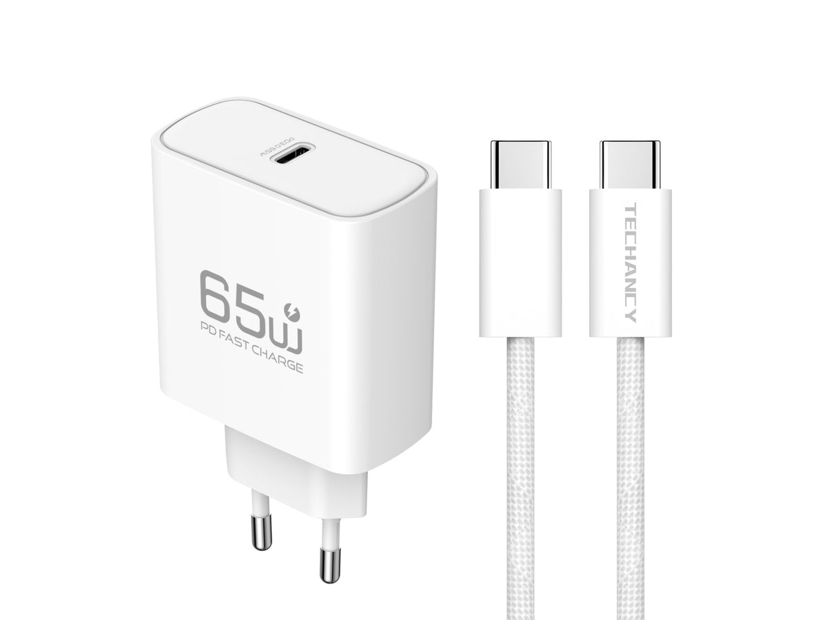 Carregador USB-C 65W TECHANCY TA2845, PD 3.0 PPS, Carregamento Rapido, Cabo USB-C para USB-C 60W de 1,5 m Incluido
