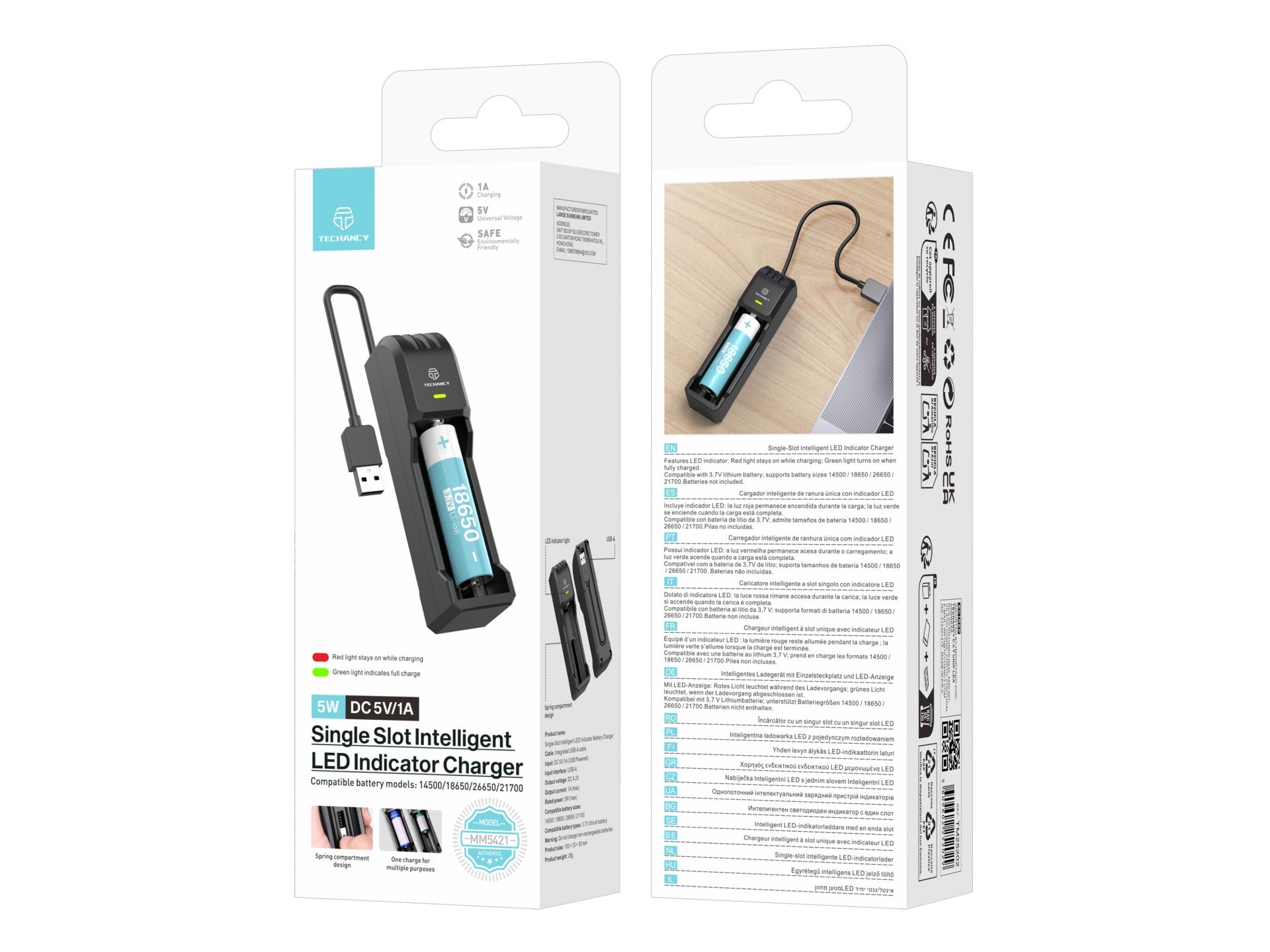 Techancy MM5421 Single Battery Charger with LED Indicator, Compatible with 14500, 18650, 26650, and 21700 3.7V USB, Safe, Portable, Black Color.