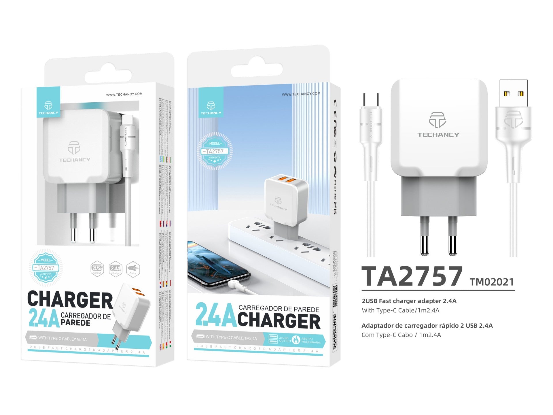 Techancy Carregador De Parede De Porta Usb Dupla 2.4A Branco TA2757 Com Conjunto De Cabos Usb-Tipo-C 1m
