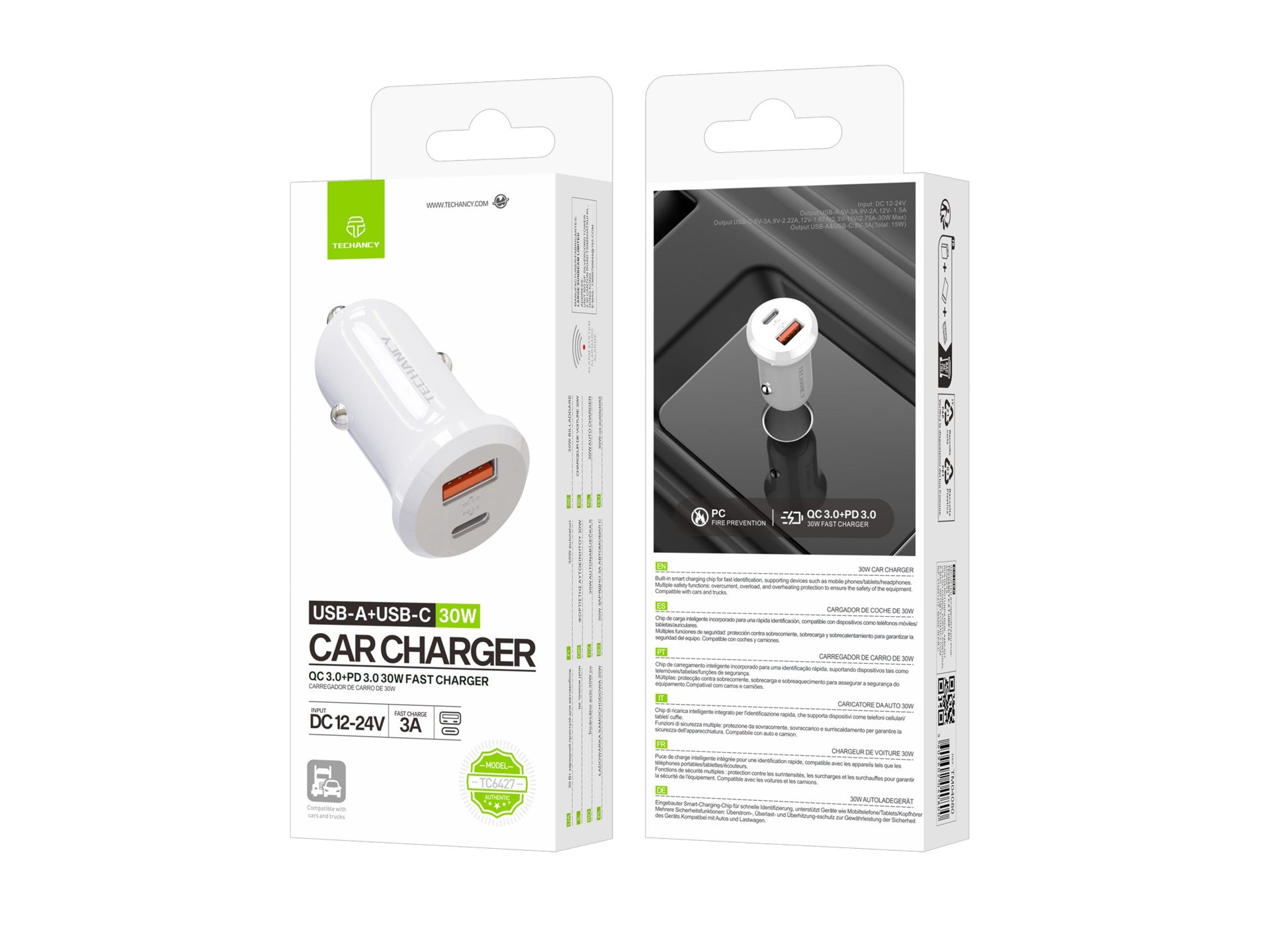 Cargador de coche Techancy 30 W TC6427 USB-A + USB-C, carga rápida QC3.0 PD3.0, compatible con teléfonos móviles, tabletas y auriculares de 12 V a 24 V.