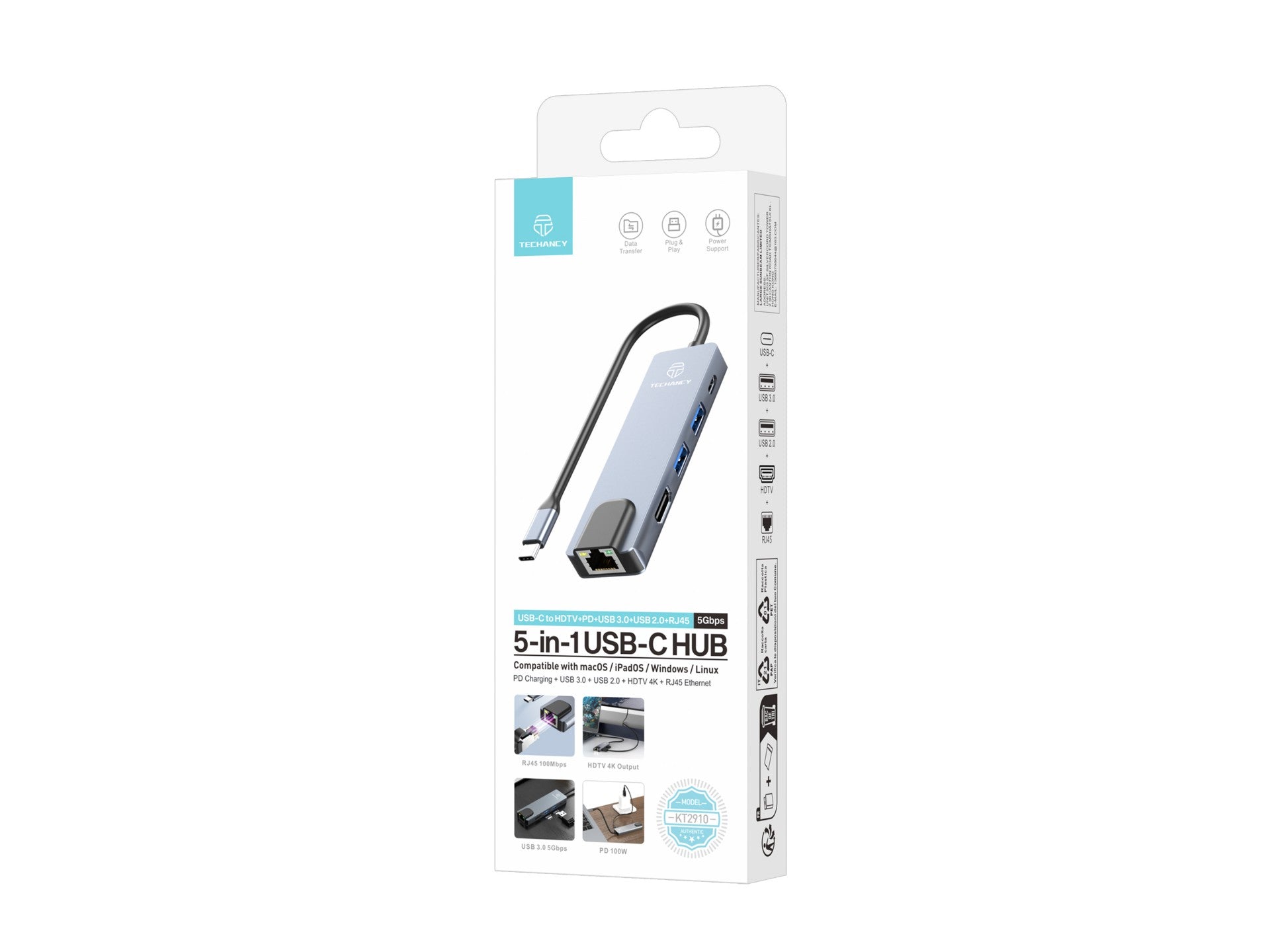 Techancy Hub USB-C 5 em 1 KT2910 com HDTV, PD, USB 3.0/2.0 e RJ45, Compativel com PC e Telemovel, Cinzento