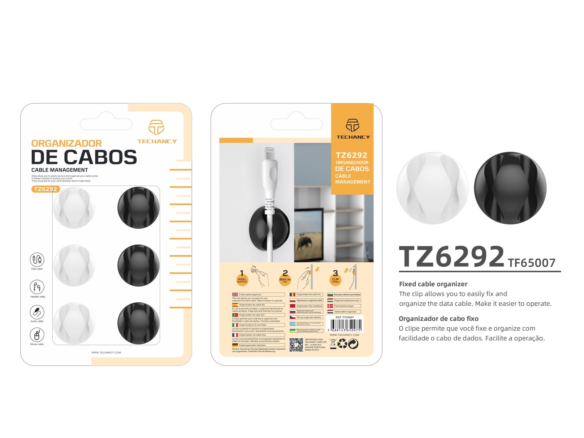 Soporte para cables Techancy TZ6292, paquete de 6, organizador de cables, blanco y negro