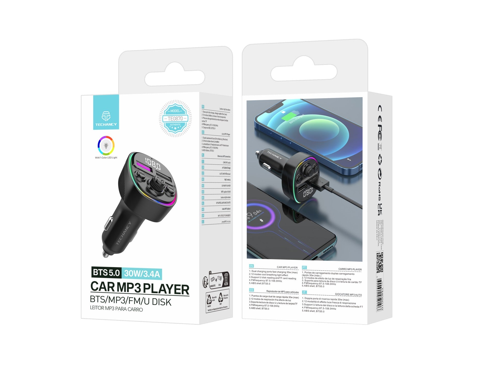 Techancy Transmissor Fm Para Automóvel TE0870, Carregamento Rápido Pd De 30 W, Reprodução De Música Mp3, Entrada De 12-24 V
