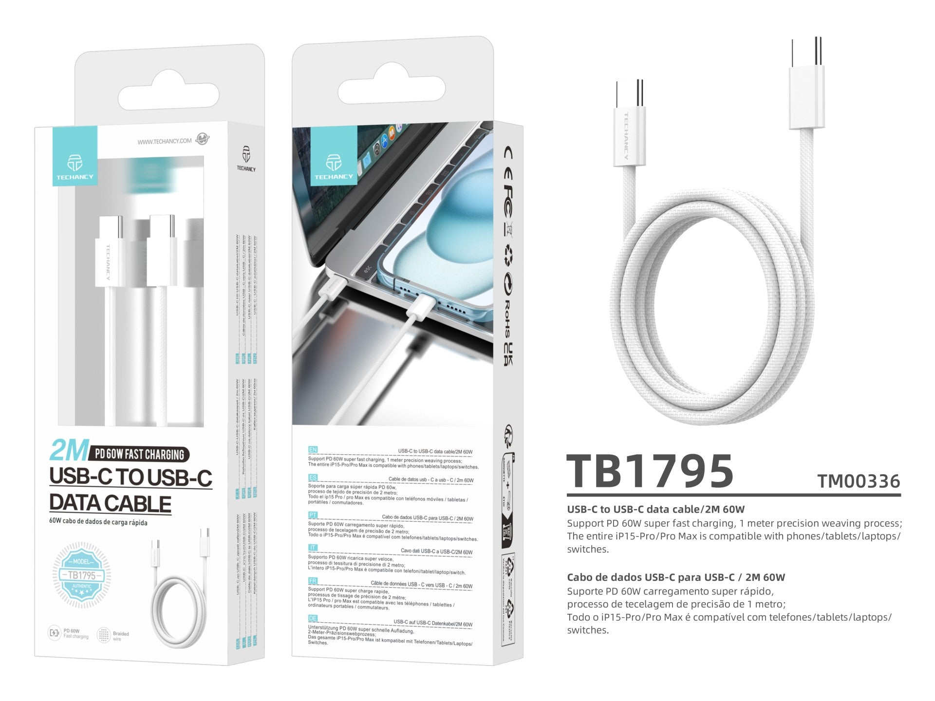 Techancy Cabo De Dados De Carregamento Rápido De 60 W Usb C Para Usb C TB1795, 2 M De Comprimento, Cabo Entrançado