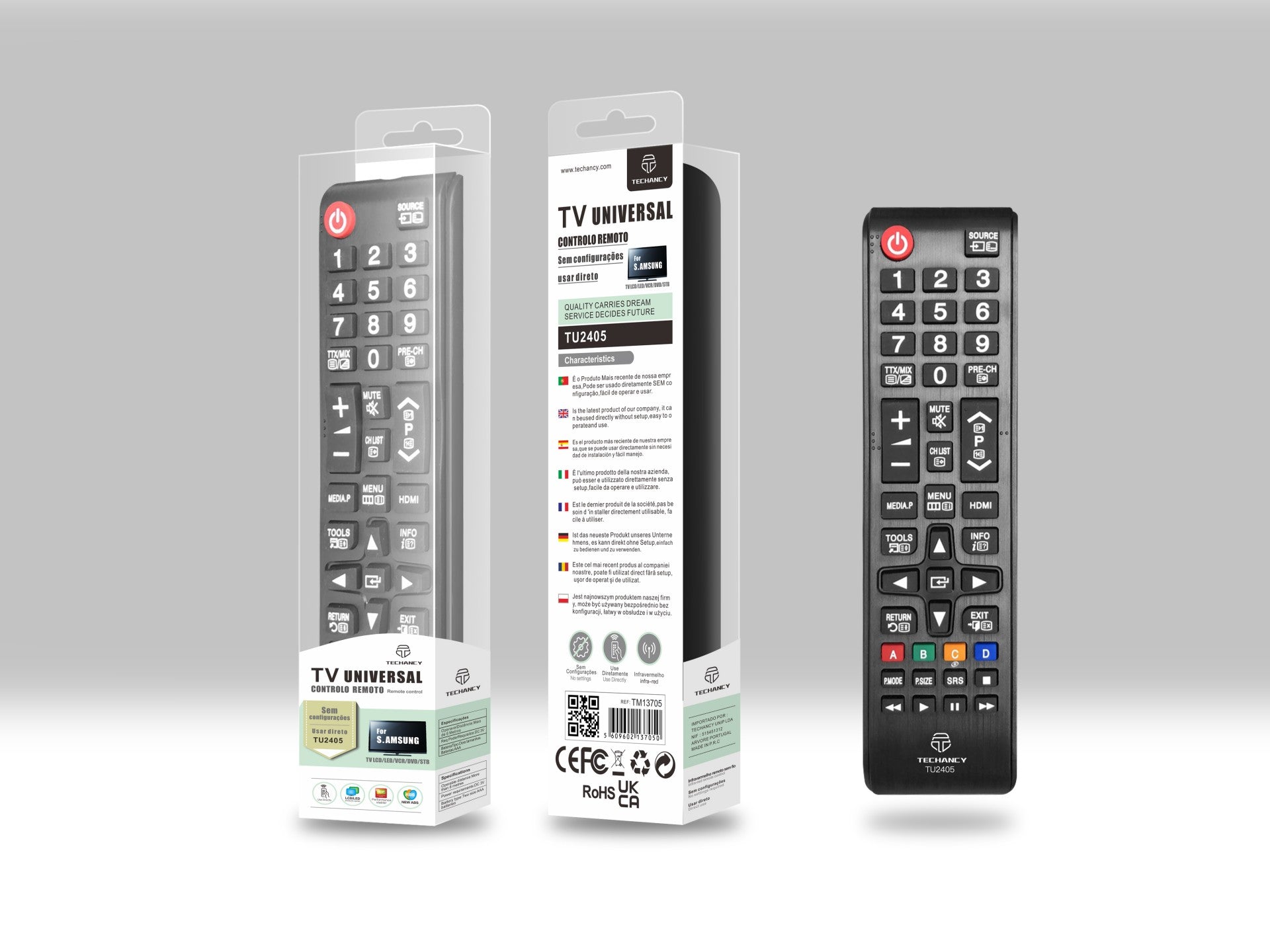 Techancy Controlo Remoto Do Televisor TU2405, Alcance Sem Fios De 8m, Compatível Com Televisores Samsung, Ligação Auto-Adaptável