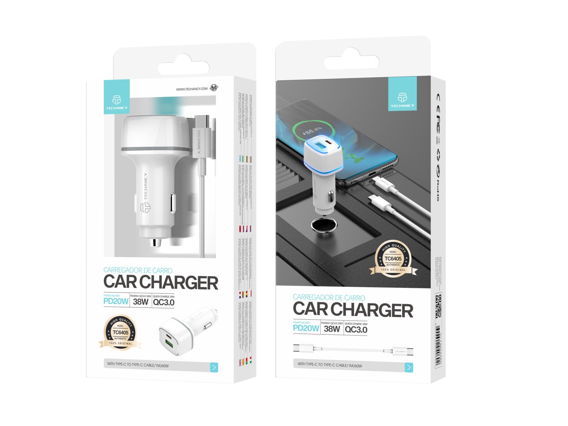 Techancy Carregador De Automóvel 38w TC6405, Carregamento Rápido Pd3.0+Qc3.0, Conjunto De Cabos Usb C-Usb C,
