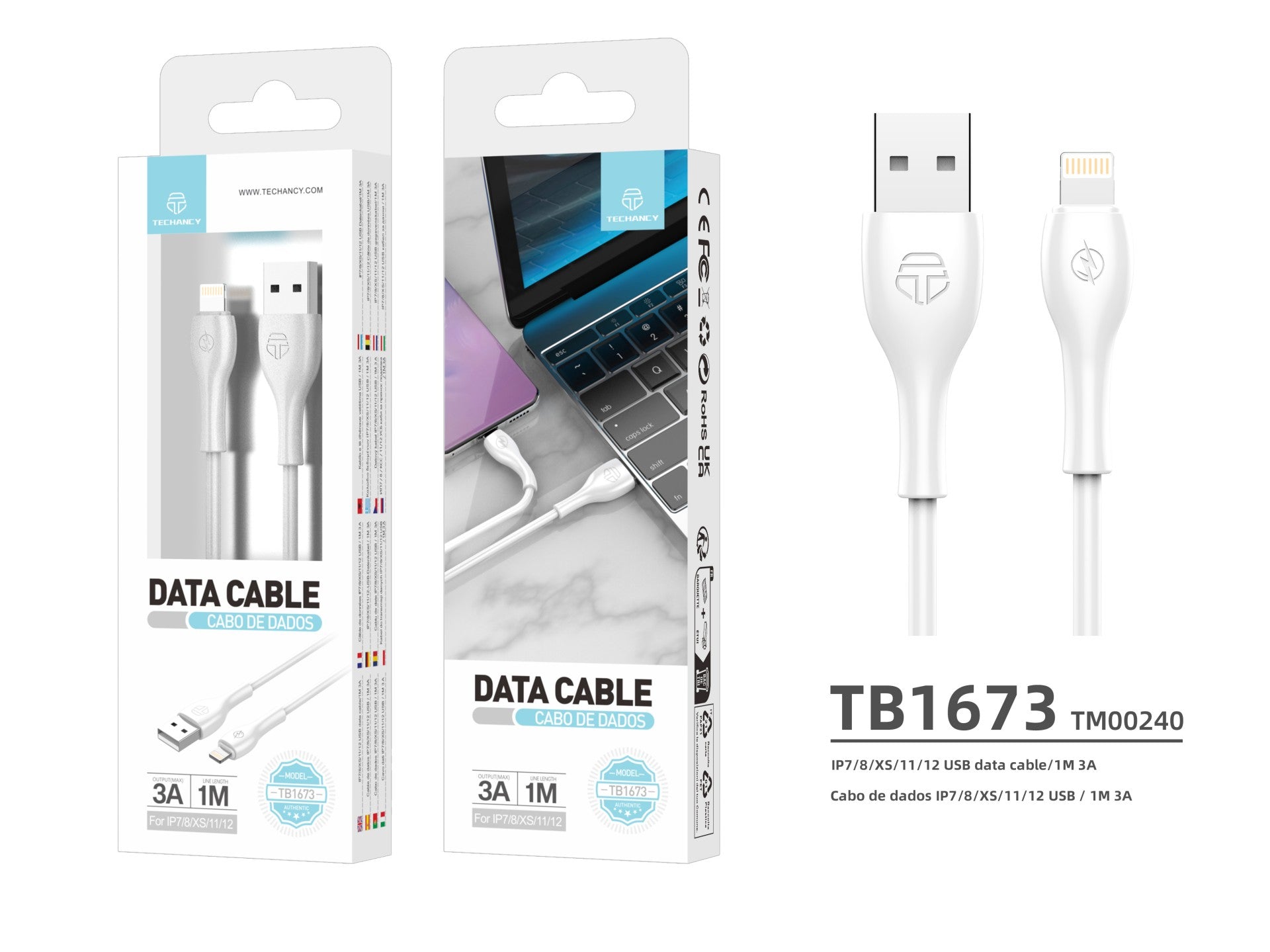 Techancy Cabo De Dados 1m Branco TB1673, Porta Usb Lightning 3a De Carregamento Rápido, Adequado Para Muitos Dispositivos