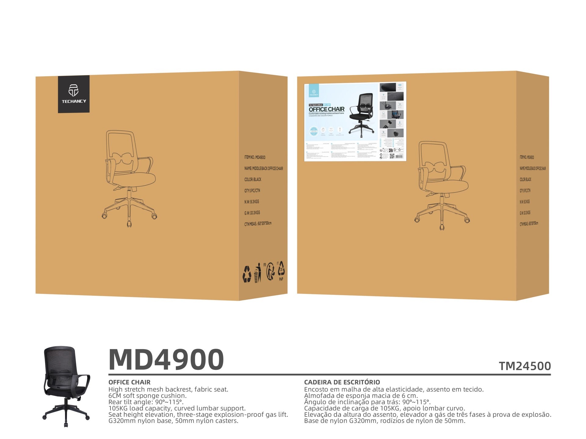 Techancy Cadeira De Escritório Para Computador Preta MD4900. Assento Em Tecido. Apoio Lombar Curvo. Regulável Em Altura E Ângulo