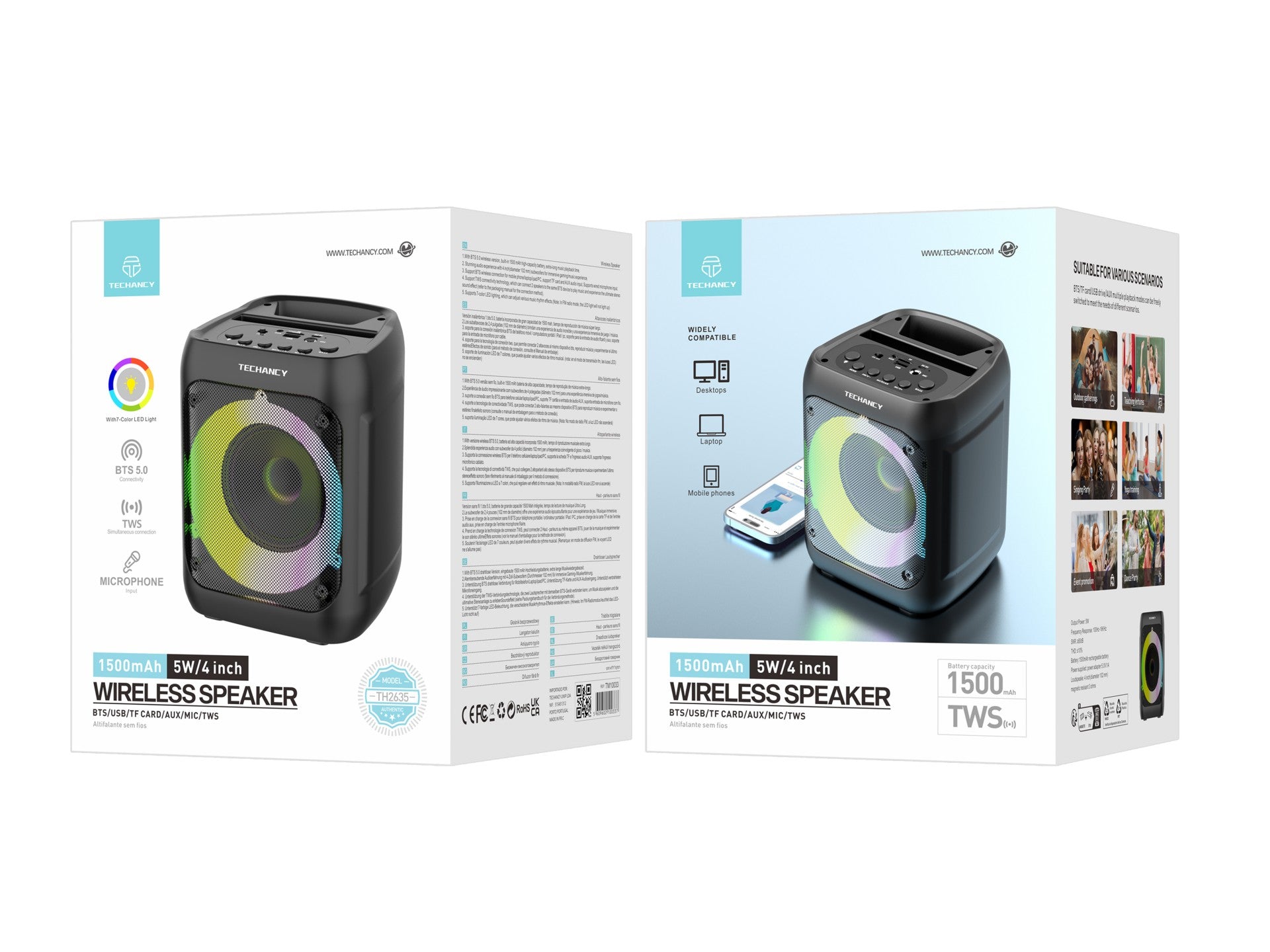 Techancy Altifalante Bluetooth Sem Fios TH2635, 5 W/4 Polegadas, Som Estéreo Tws, Ritmo De Luz Led, Entrada De Microfone