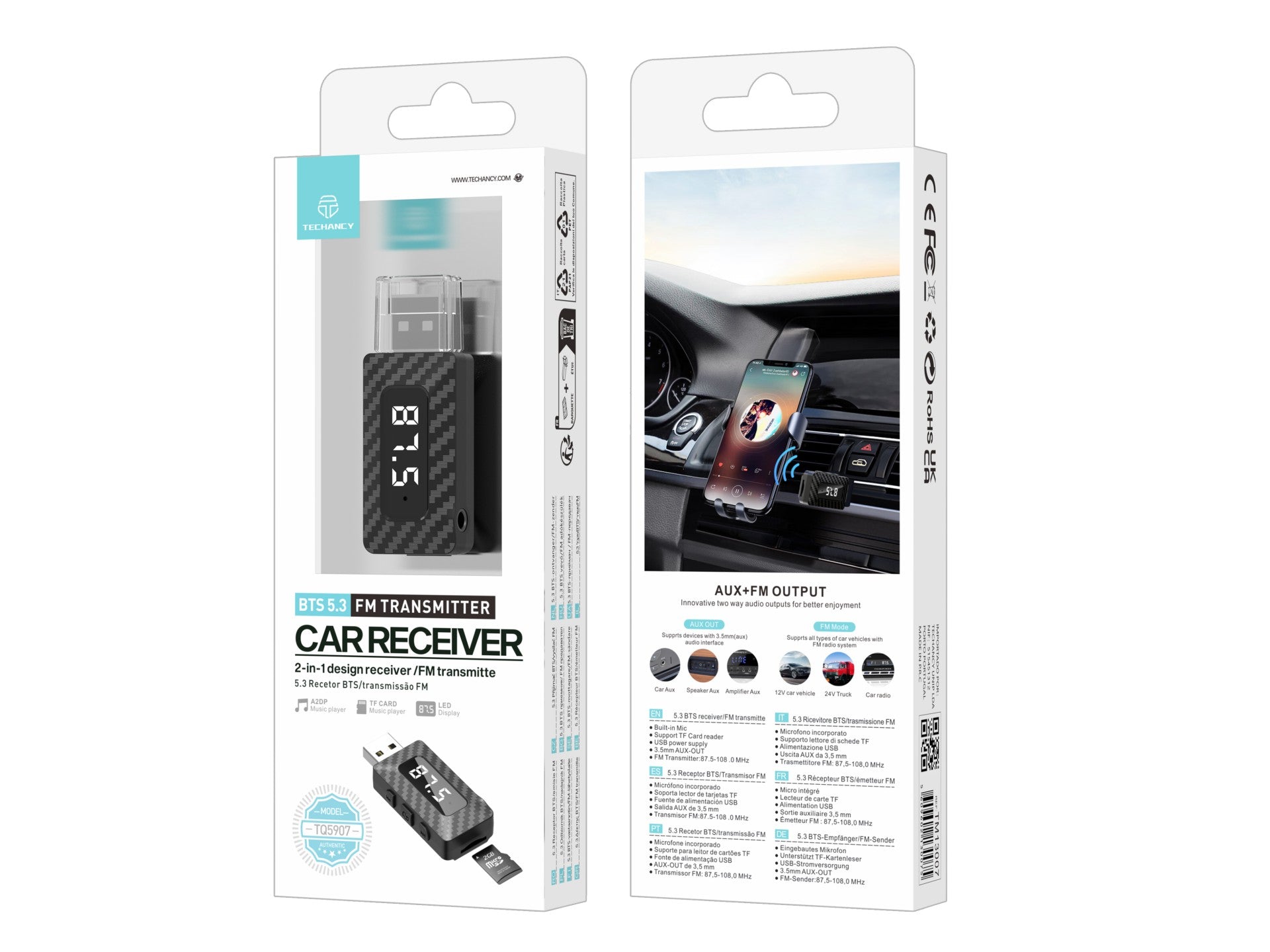 Techancy Bts 5.3 Fm Receiver/Transmitter Tq5907, Supports Tf Card Reading, Usb Power Supply, 3.5mm Aux Output.