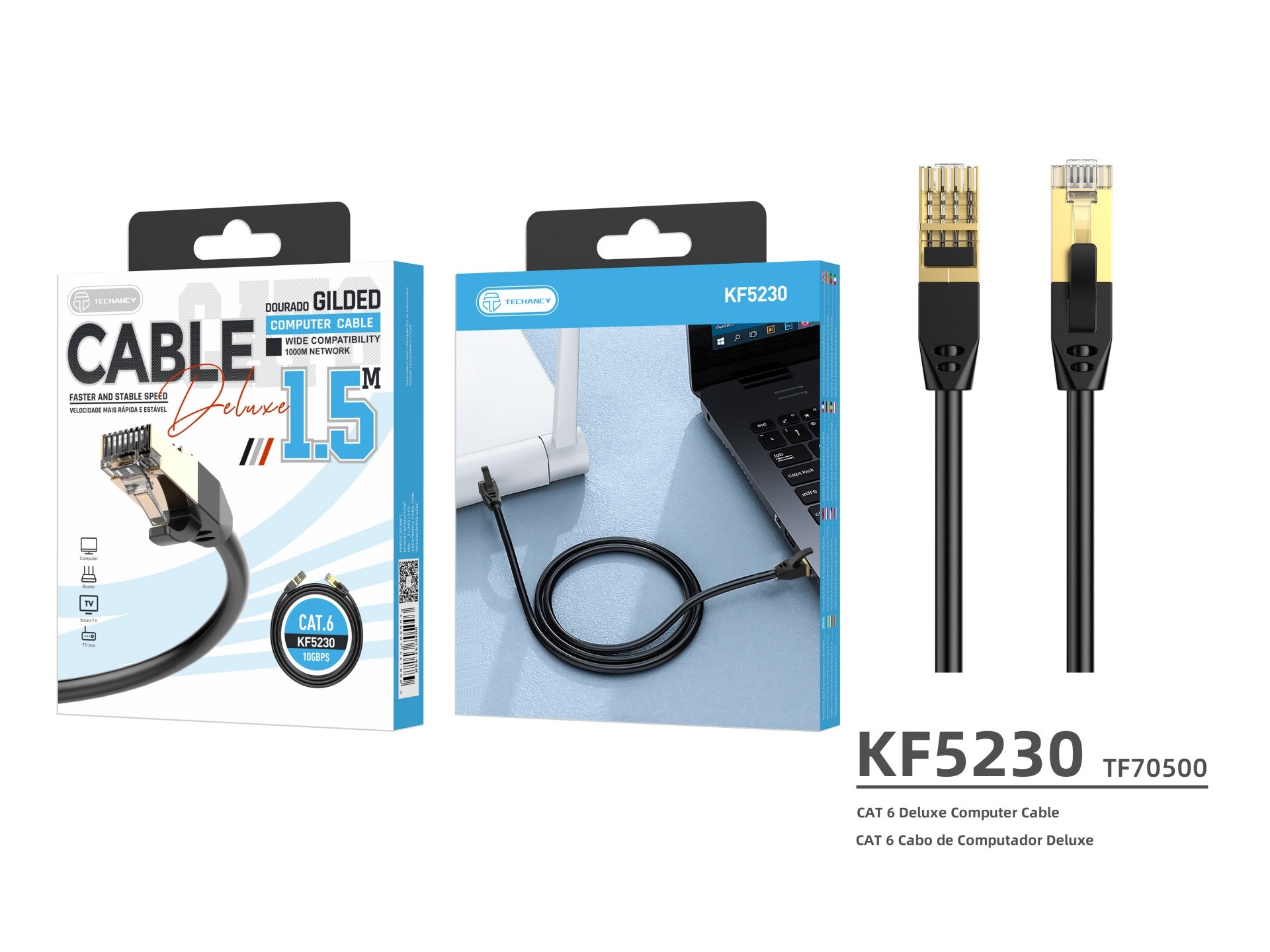 Cabo de rede Techancy CAT-6, KF5230, conector banhado a ouro RJ45, 1,5 metros, preto