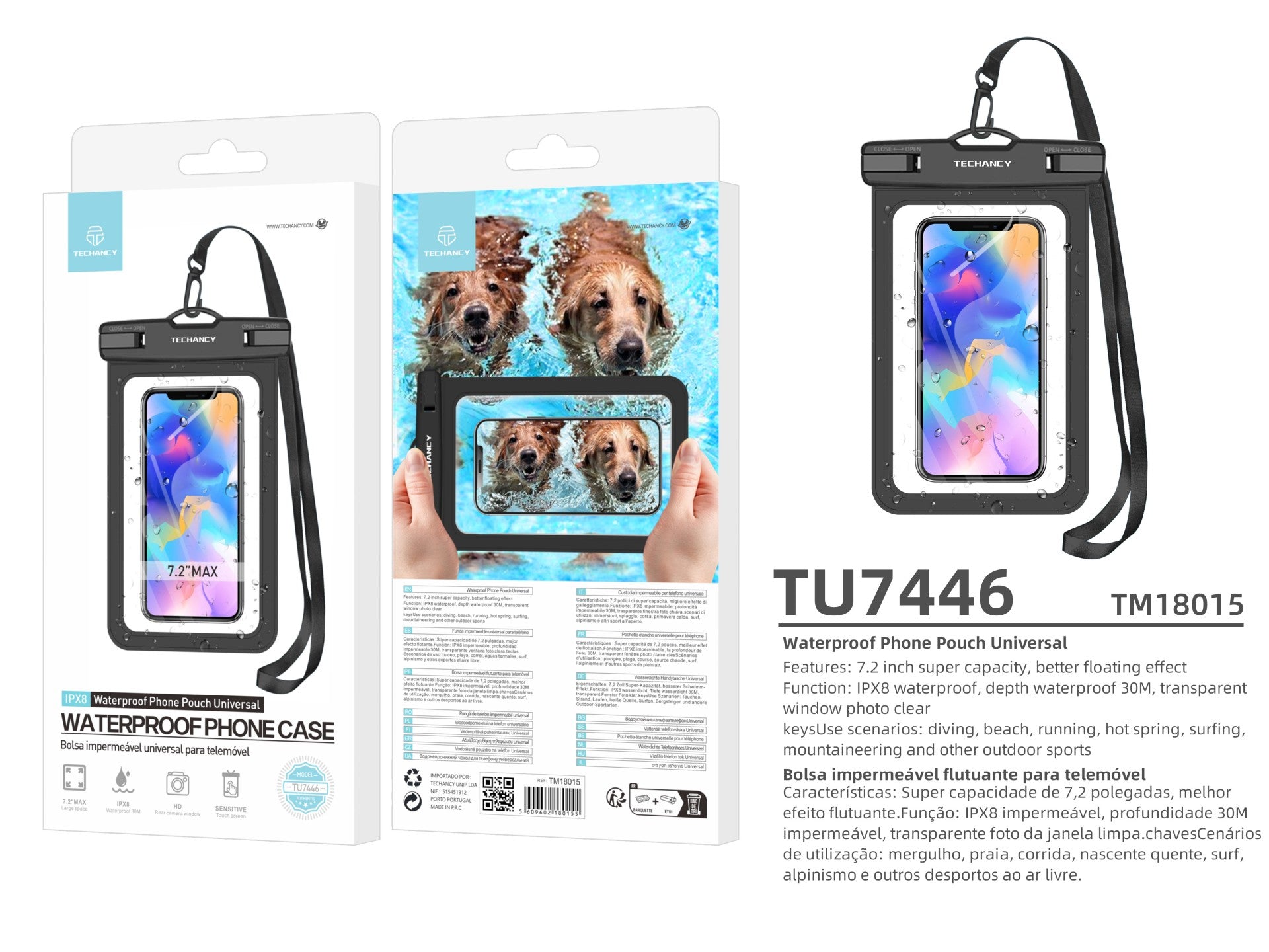 Techancy Bolsa Para Telemóvel À Prova De Água TU7446, 7,2 Pol. Profundamente À Prova De Água, Preto