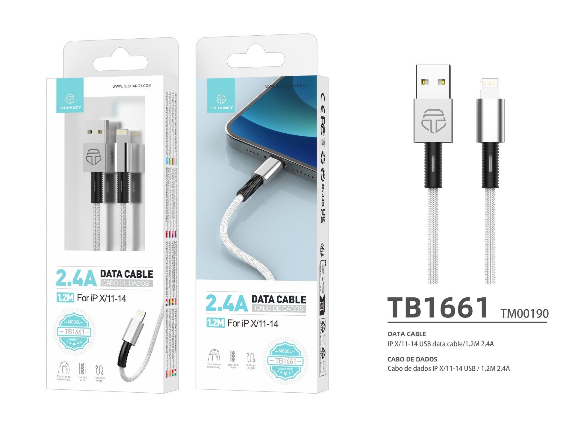 Techancy Cabo De Dados Usb-Lightning Branco TB1717, Carregamento Rápido De 2,4 A, Liga De Alumínio + Entrançado 1,2 M