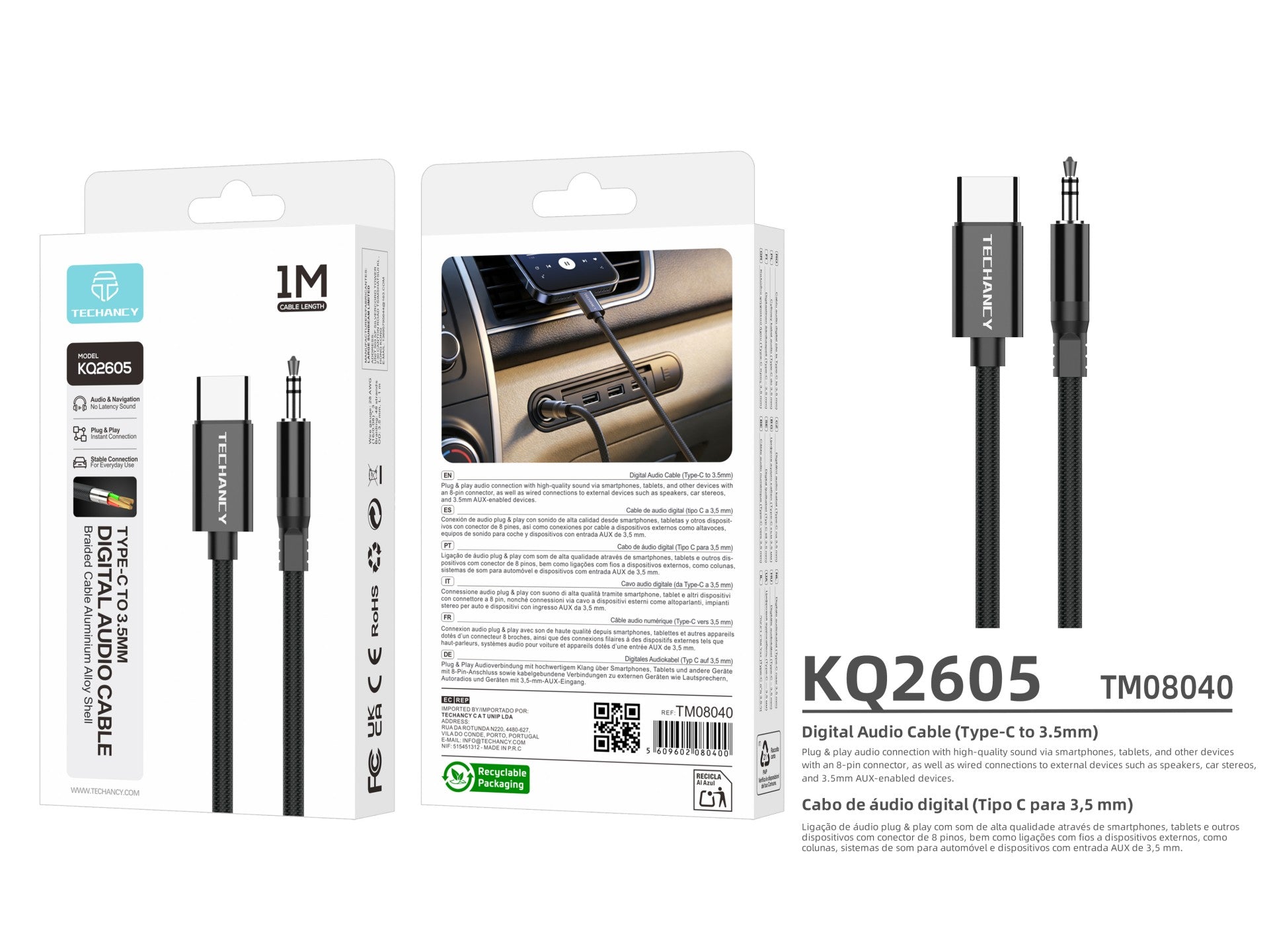 Techancy Cabo Audio Digital KQ2605 Type-C para 3.5mm, 1M, Trancado, Compativel com Telemovel, Carro e Auscultadores, Preto