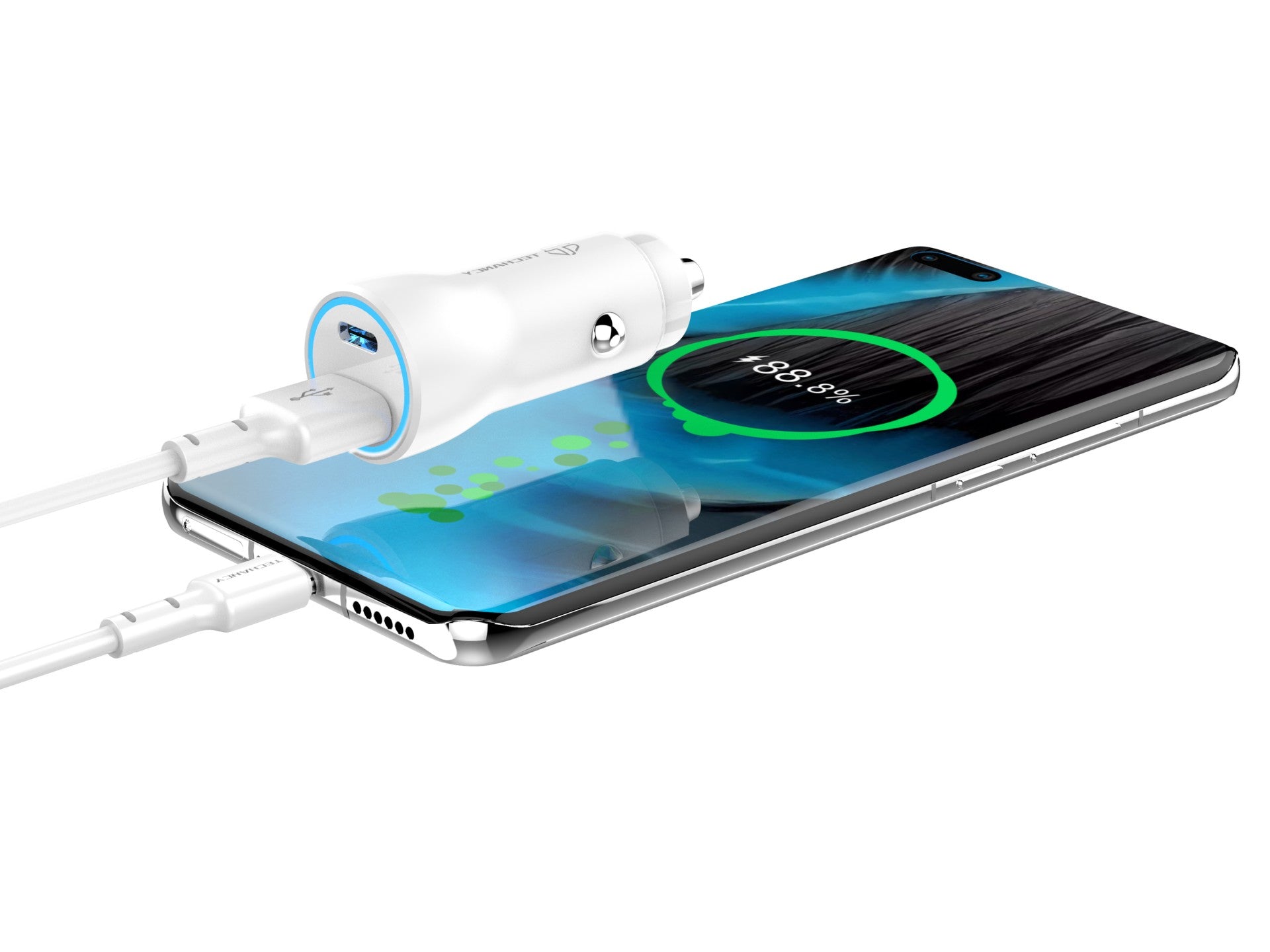 Techancy TC6411 White Car Charger, 18W PD+QC Fast Charging, Compatible with iPhone/Samsung/Huawei