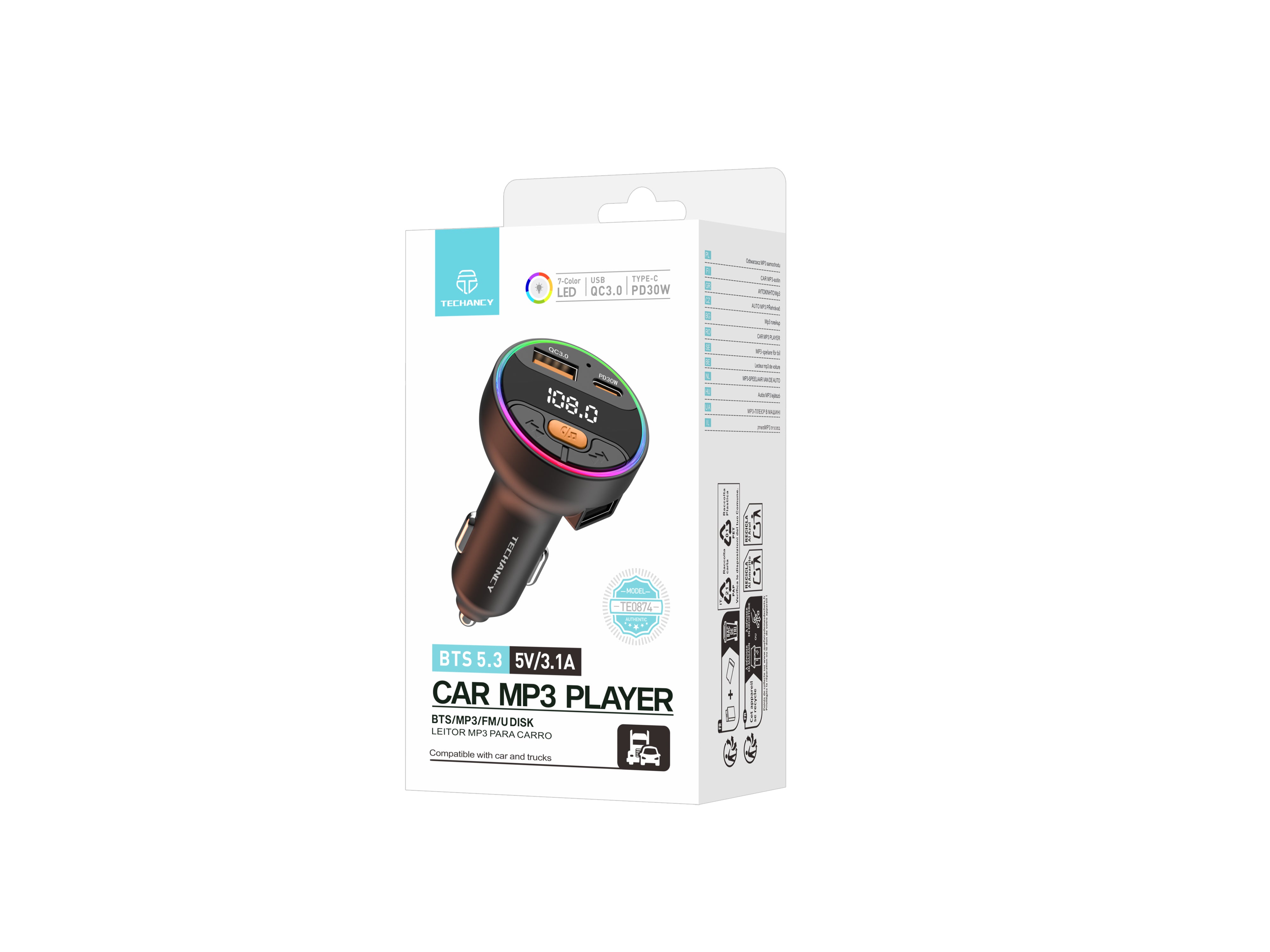 Techancy Car MP3 Player TE0874, PD30W+QC3.0, 7 Color Light, FM 87.5-108MHz, U Disk, Compatible 12-24V