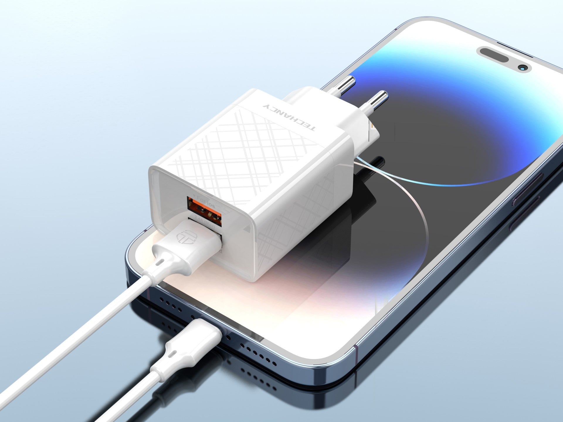 Techancy Carregador Usb 2.4A Branco TA2759, Kit De Cabos Ip7/X/11-14, 1m 2.4A, Chip Inteligente Incorporado.