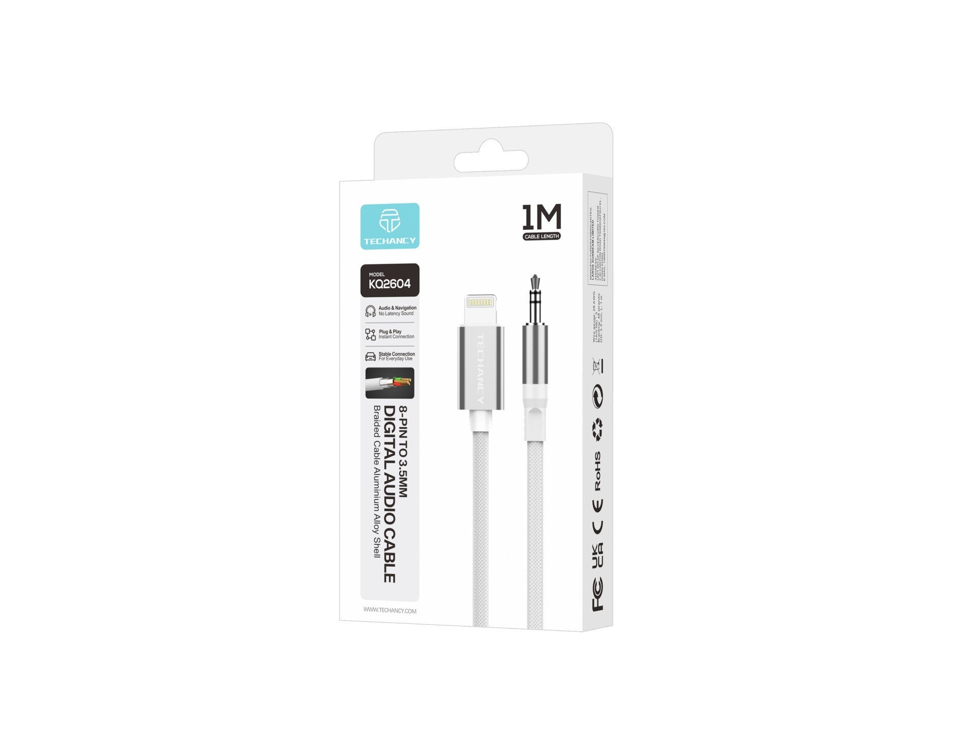 Cable de audio digital Techancy KQ2604 de 8 pines a 3,5 mm, 1 m, trenzado, compatible con teléfonos móviles, audio para coche y auriculares, blanco.