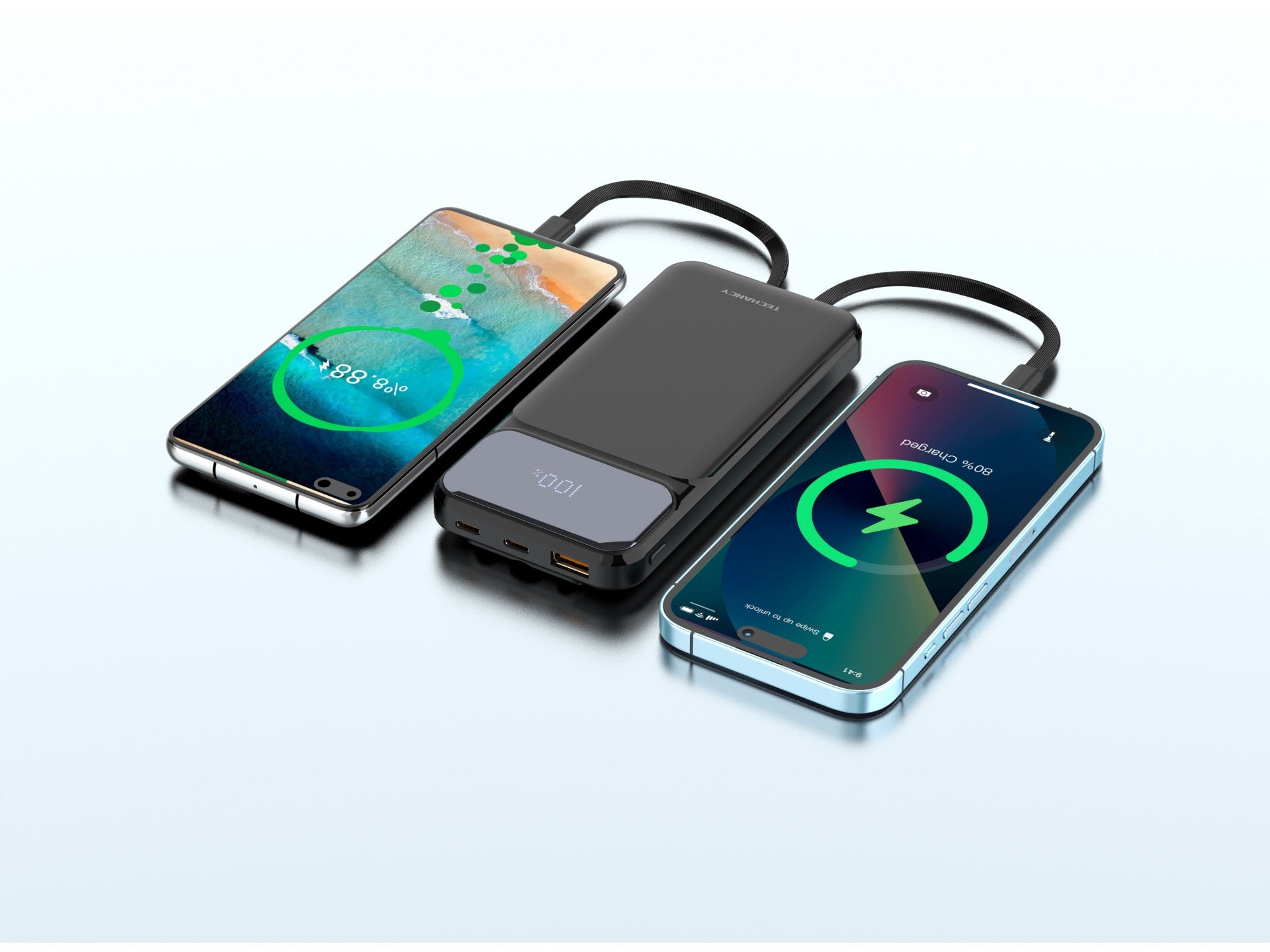 Techancy Power Bank 10000 Mah 22.5w TF2782, Cabo De Carregamento Type-C+Lightning+ Usb 3in1, Ecrã Digital De Potência