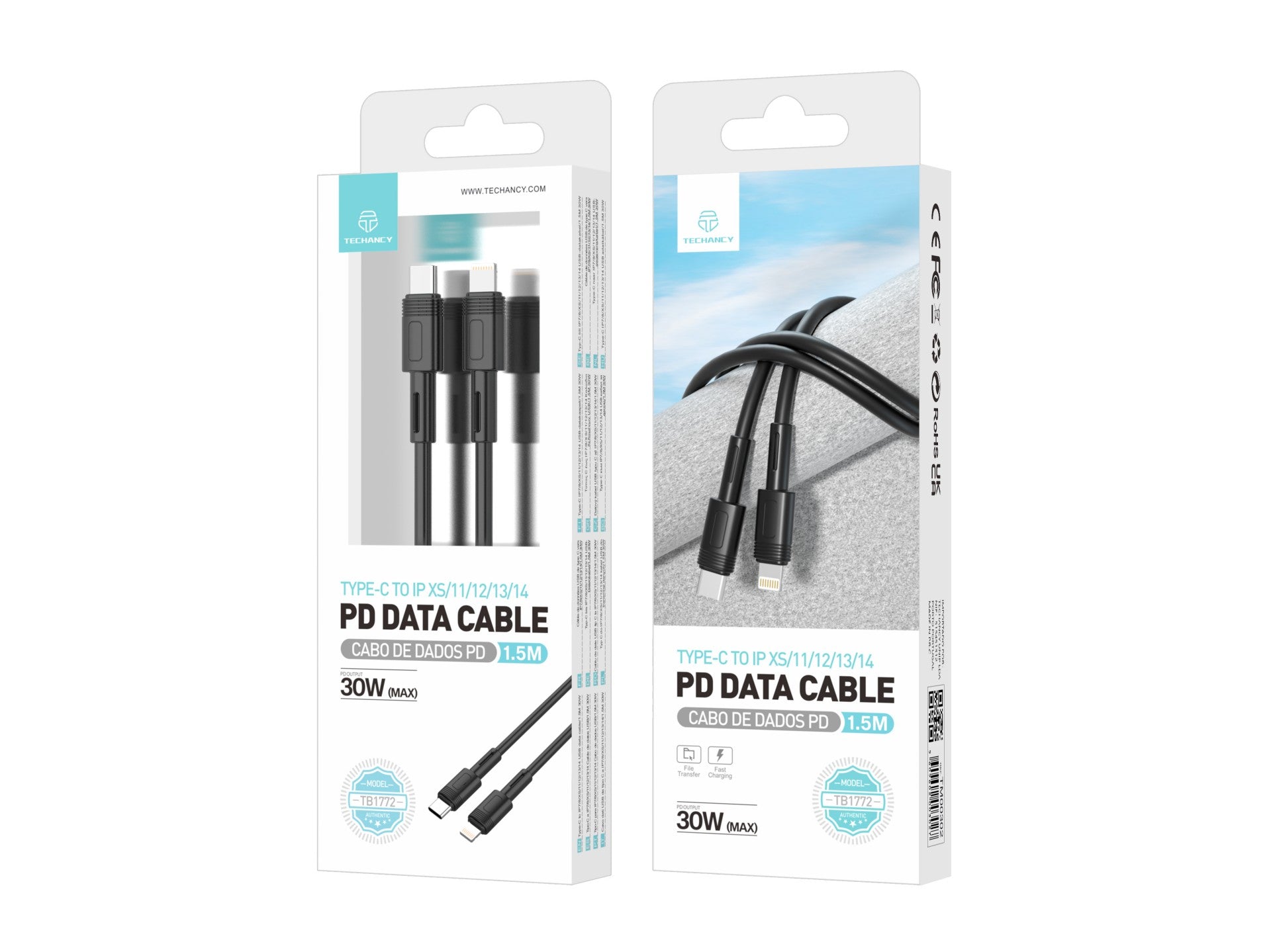 Techancy Cabo Pd De Carregamento Rápido Preto 1,5 M TB1772, Usb C Para Porta Lightning Carregamento Rápido De 30 W
