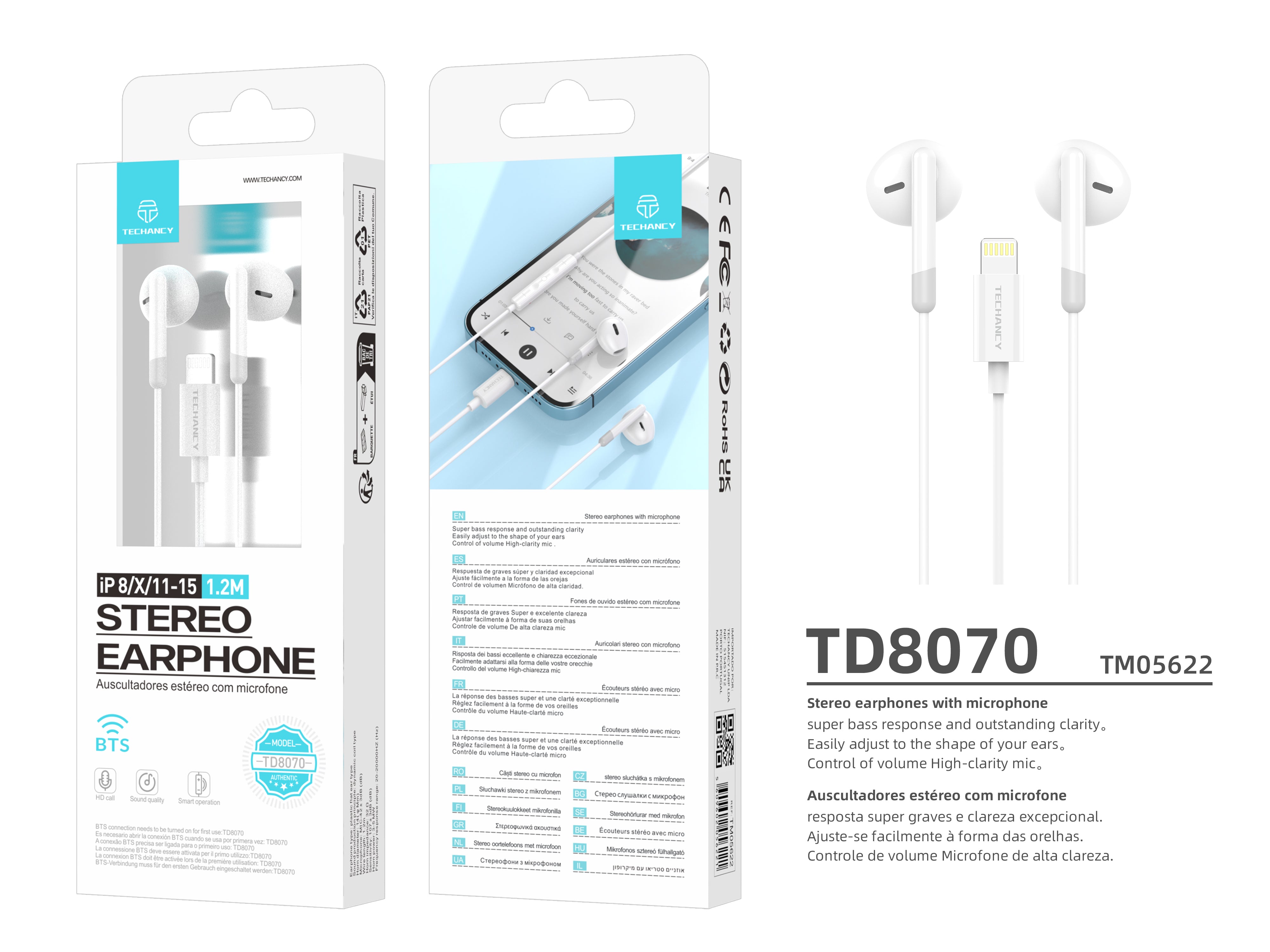 Auriculares estéreo Techancy TD8070 blancos, función de conversación, conector Lightning, compatibles con iPhone/iPad