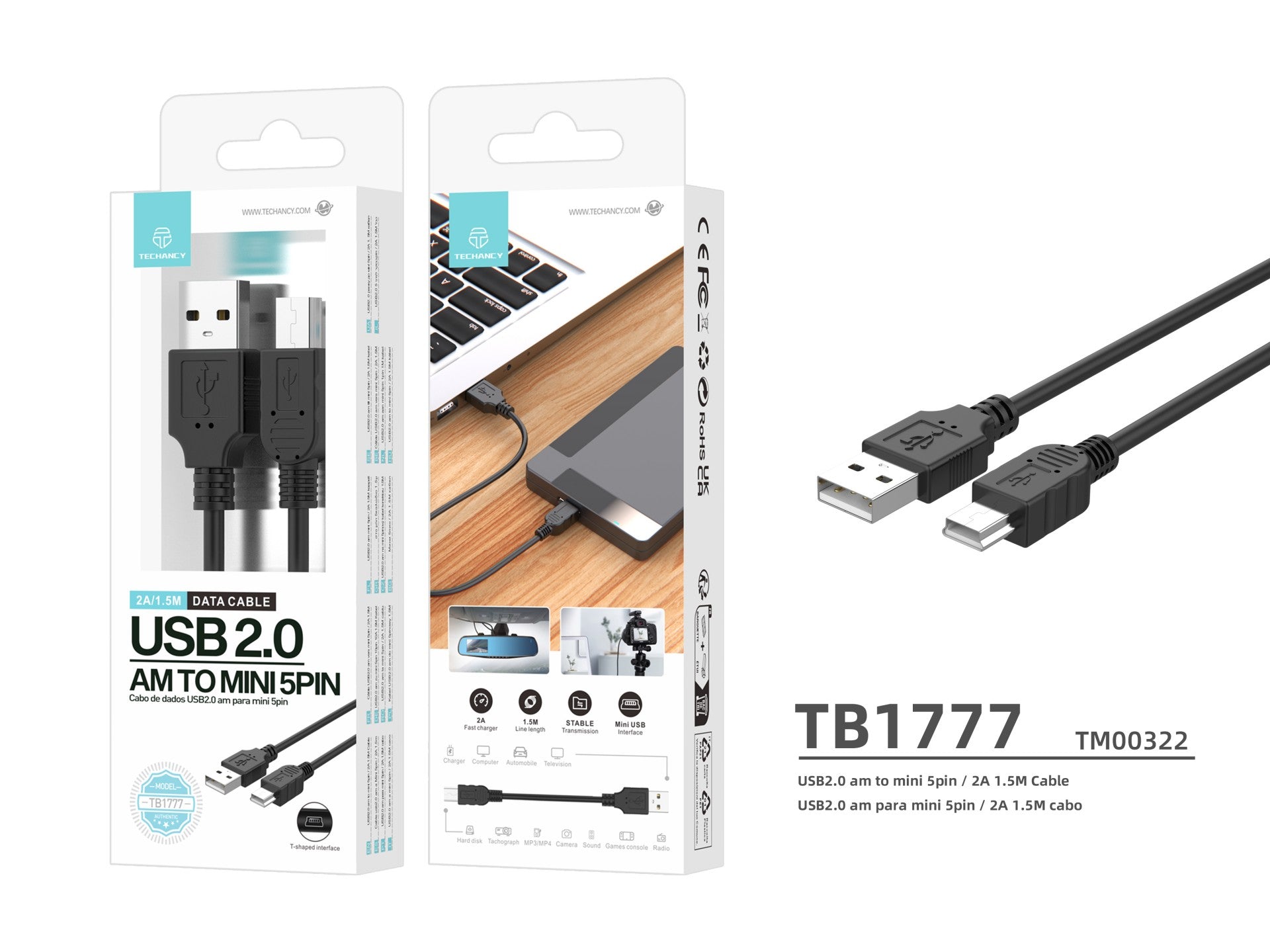 Techancy Cabo De Dados Usb Am Para Mini 5pin 1.5m Preto TB1777, Compatível Com Disco Rígido, Gravador De Automóvel, Utilização De Câmara