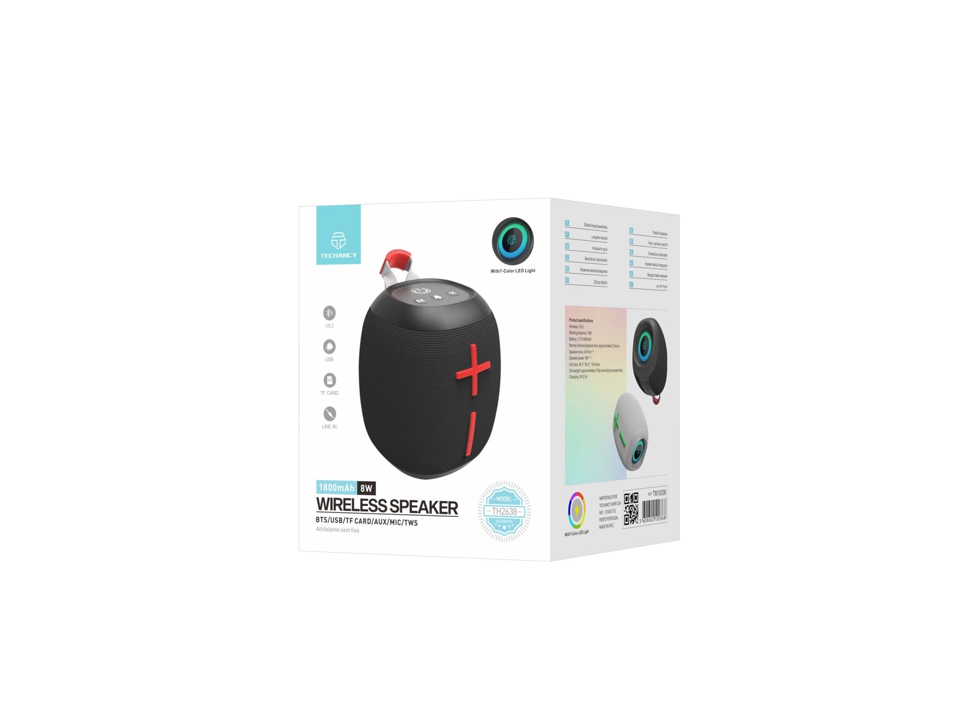 Altavoz Bluetooth inalámbrico Techancy TH2638 versión 5.3, compatible con TWS/TF/AUX, luz ambiental LED RGB de 7 colores