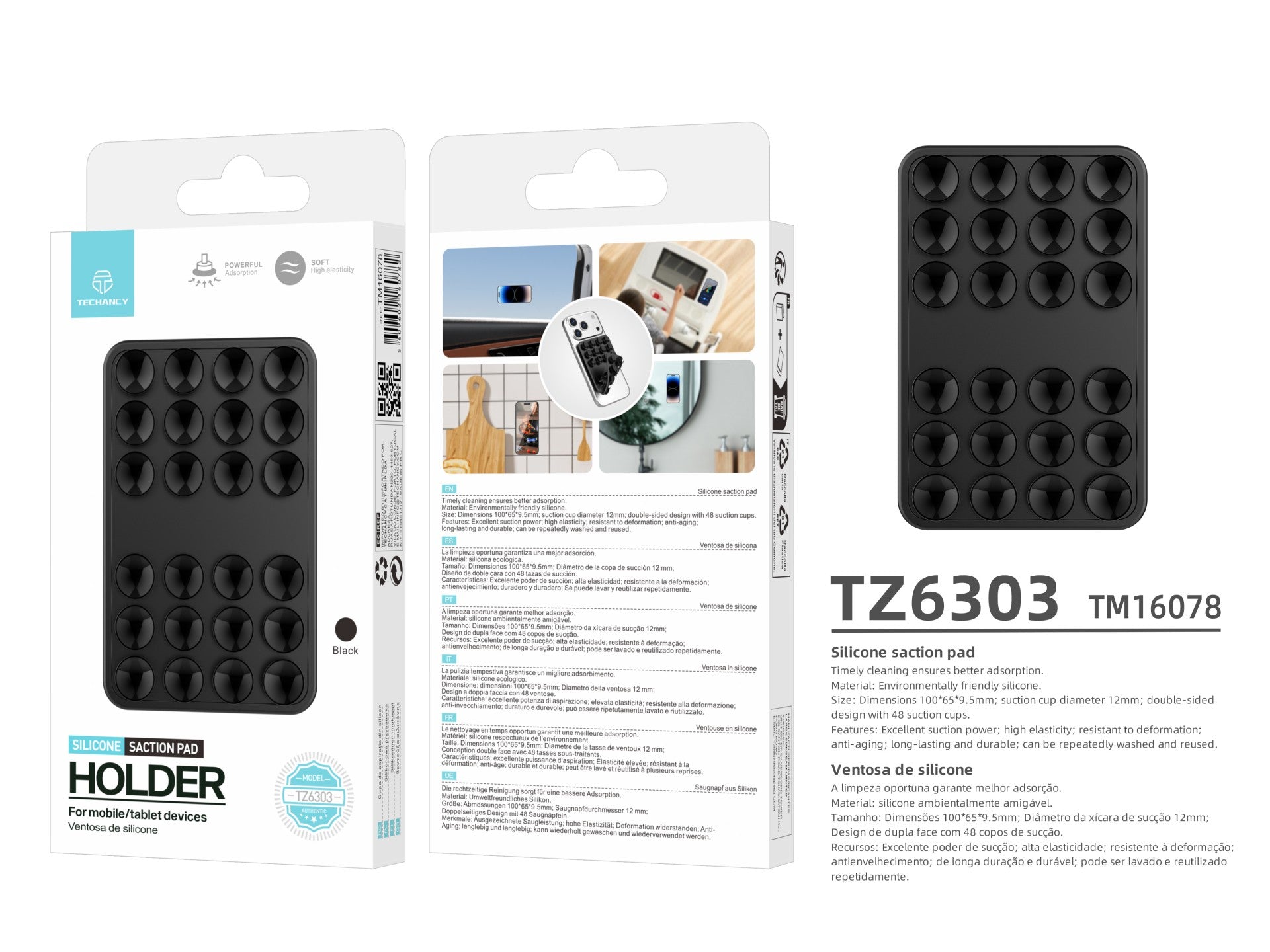 Techancy Silicone Suction Cup Holder TZ6303 Strong Grip Reusable Stable Non-slip for Mobile Phones and Tablets Black
