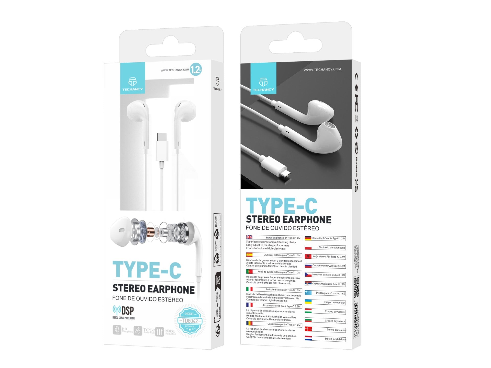 Techancy Wired Stereo Headset Type-C White TD8042, DSP Chip with Volume Control for Comfortable Use.