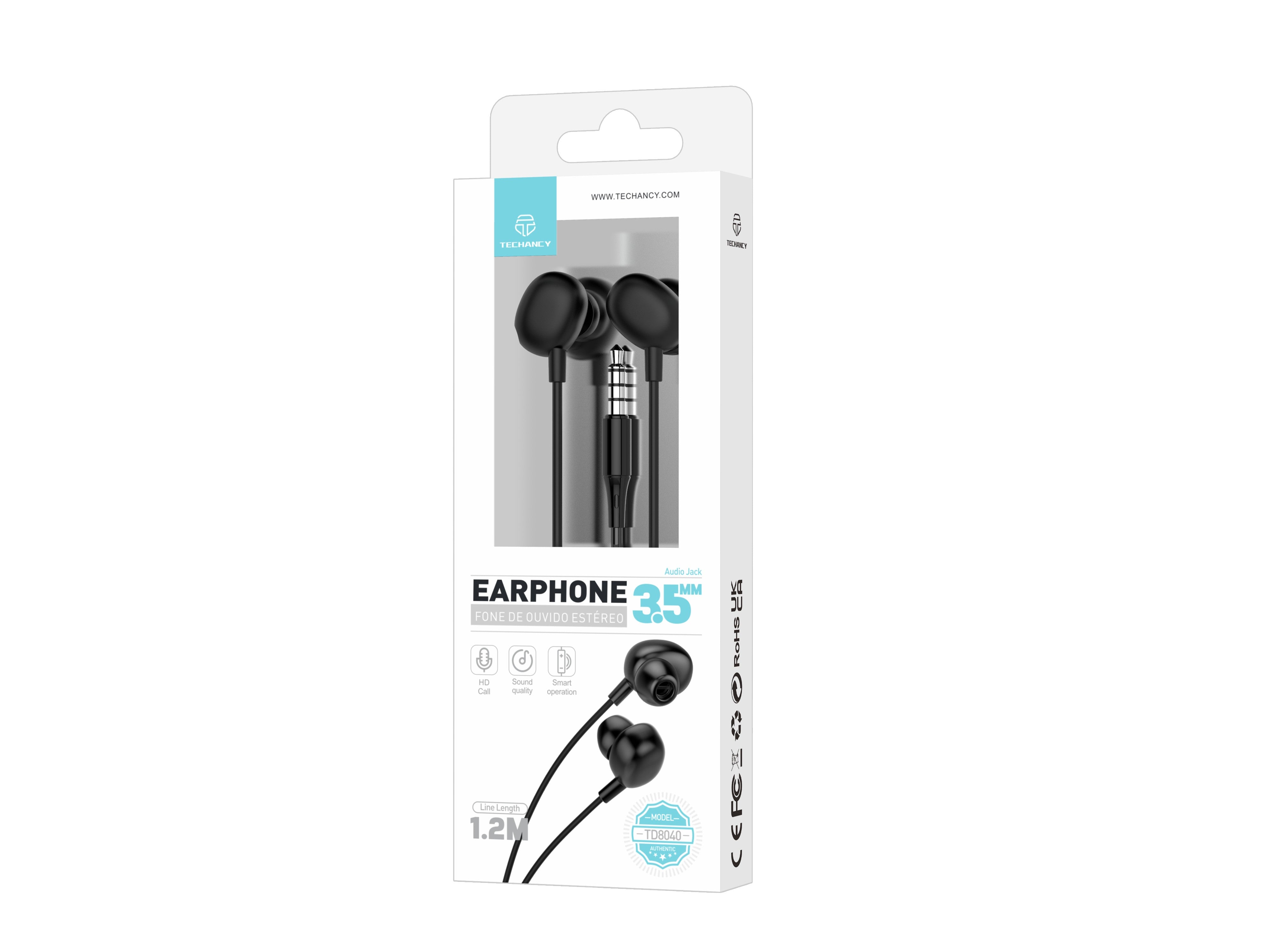 Techancy Auricular Com Fios De 3,5 Mm Preto TD8040, Auricular Com Função De Microfone, Compatível Com Telemóveis/Pc/Mp3, Etc.