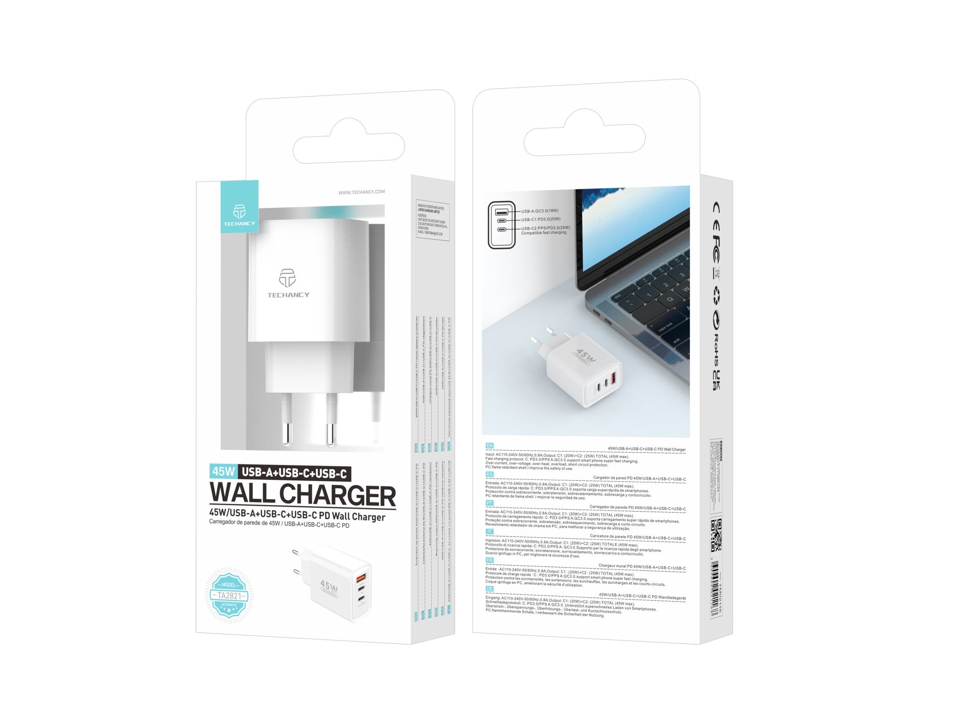 Techancy Carregador USB-A+USB-C+USB-C TA2821, 45W PD, SaIda Múltipla, Design Portatil, CompatIvel com Múltiplos Dispositivos