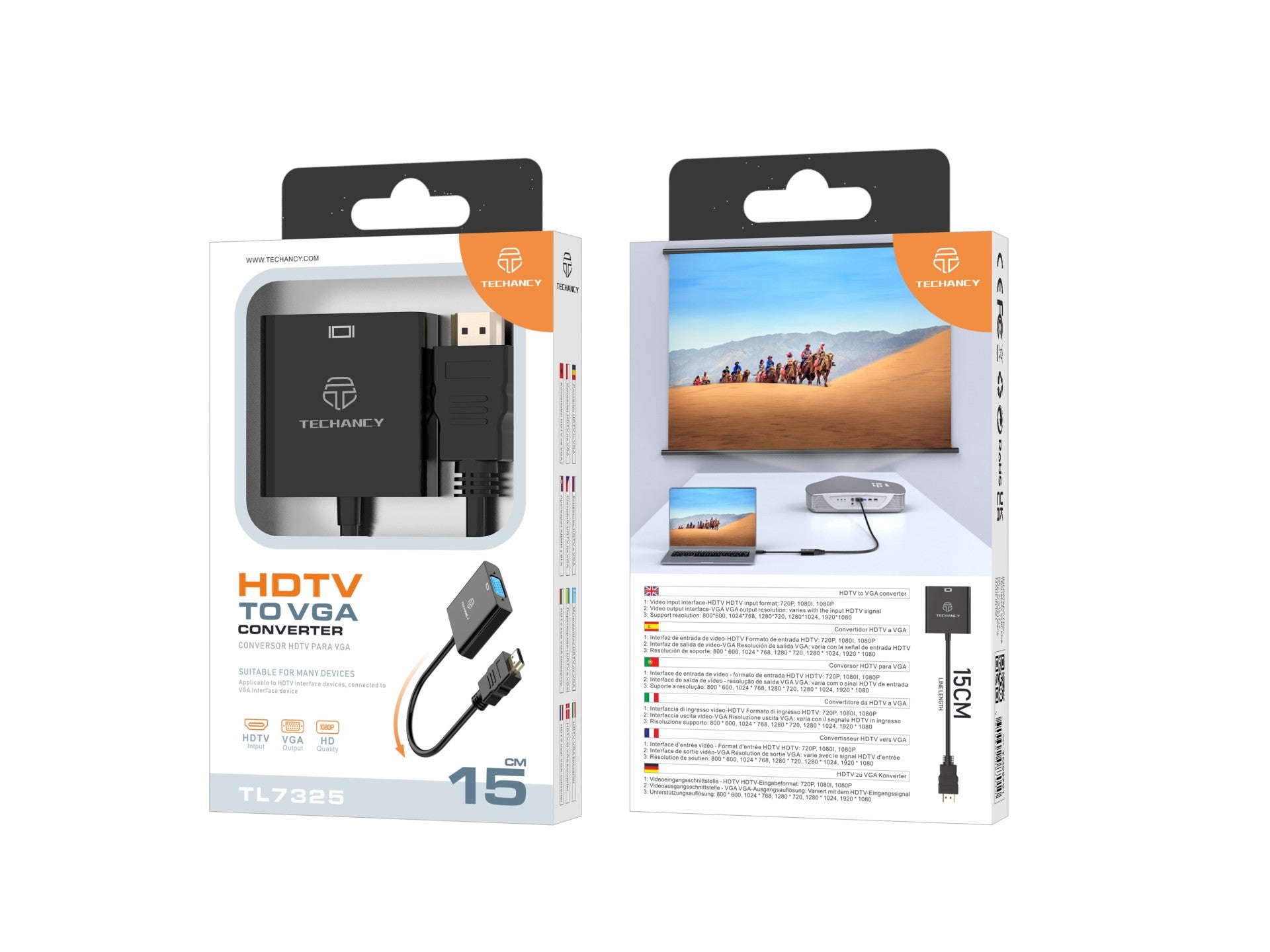 Techancy Conversor De Vídeo Hd TL7325, Interface Hdmi Para Vga, Suporta Resolução Hd 1080p, Preto