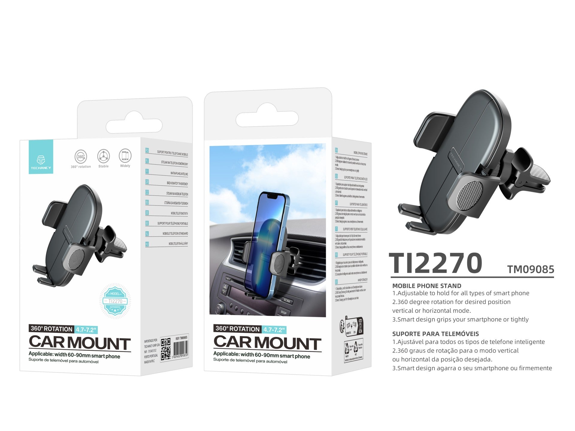 Techancy Suporte Para Telemóvel Para Automóvel Ti2270, Ajustável A Diferentes Telemóveis, Abertura E Fecho Com Um Toque.