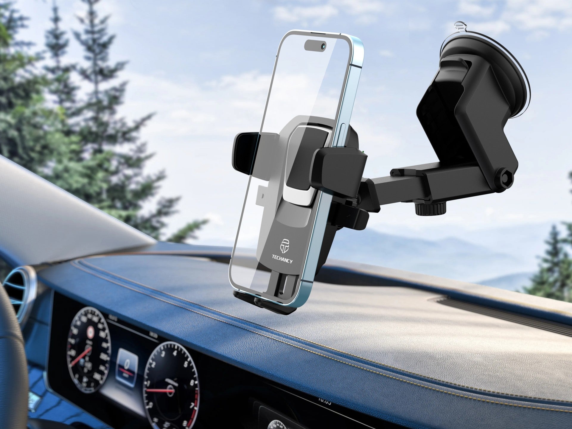 Soporte para teléfono con ventosa para coche Techancy Ti2188, negro/plateado, bloqueo de un toque, 4-7.2 pulgadas