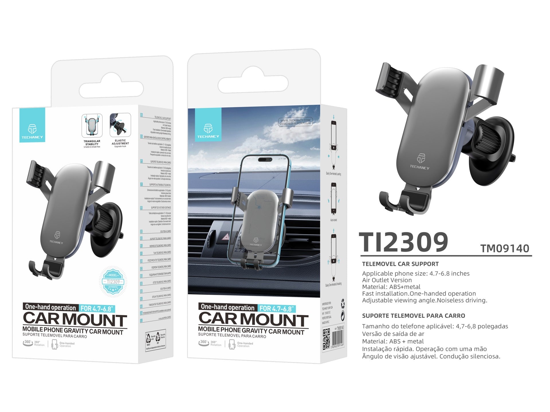 Soporte para teléfono móvil Techancy Ti2309 para coche, compatible con teléfonos de 4,7 a 6,8 pulgadas, material ABS y metal, ángulo de visión ajustable.