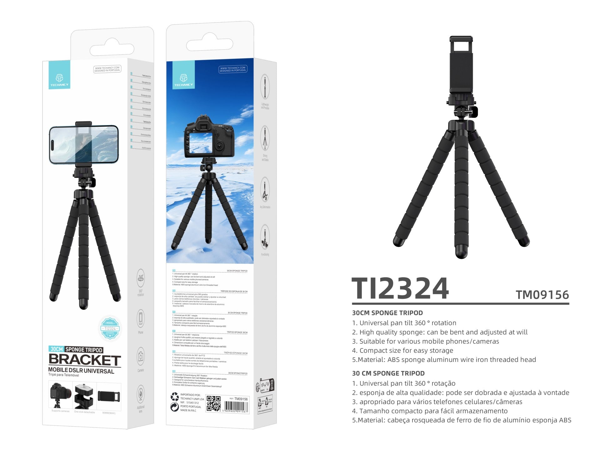 Techancy Tripé De 30 Cm Preto Ti2323, Rotação De 360° Com Pernas Dobráveis, Inclui Cabeça Esférica, Suporta Câmaras E Telemóveis