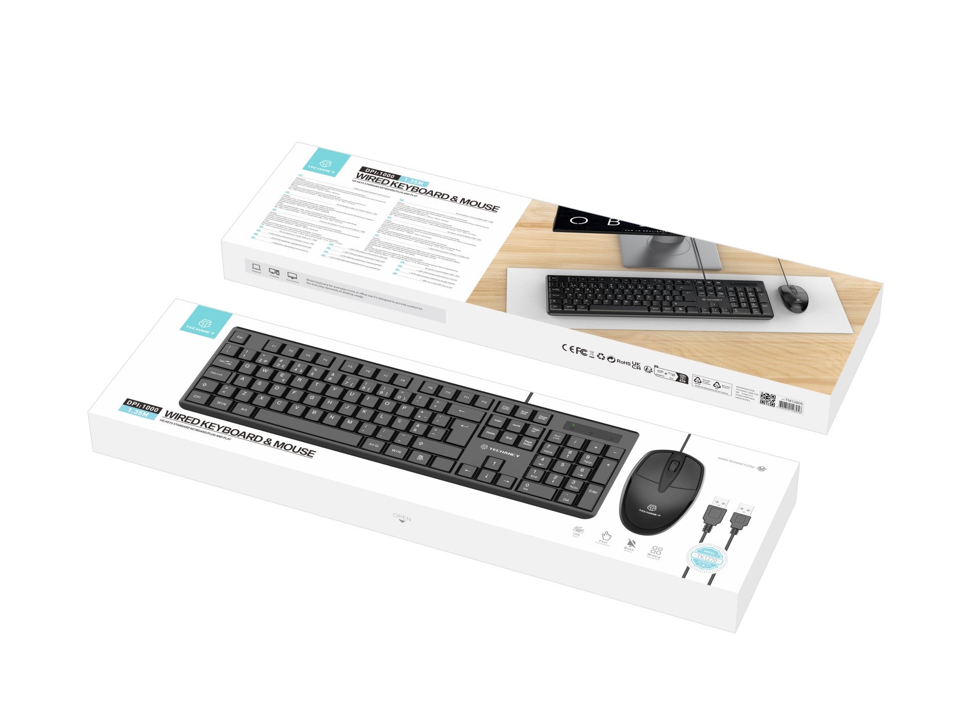 Techancy Conjunto De Teclado E Rato Com Fios Usb TK1270,Teclas Em Português+Inglês Para Utilização No Escritório.