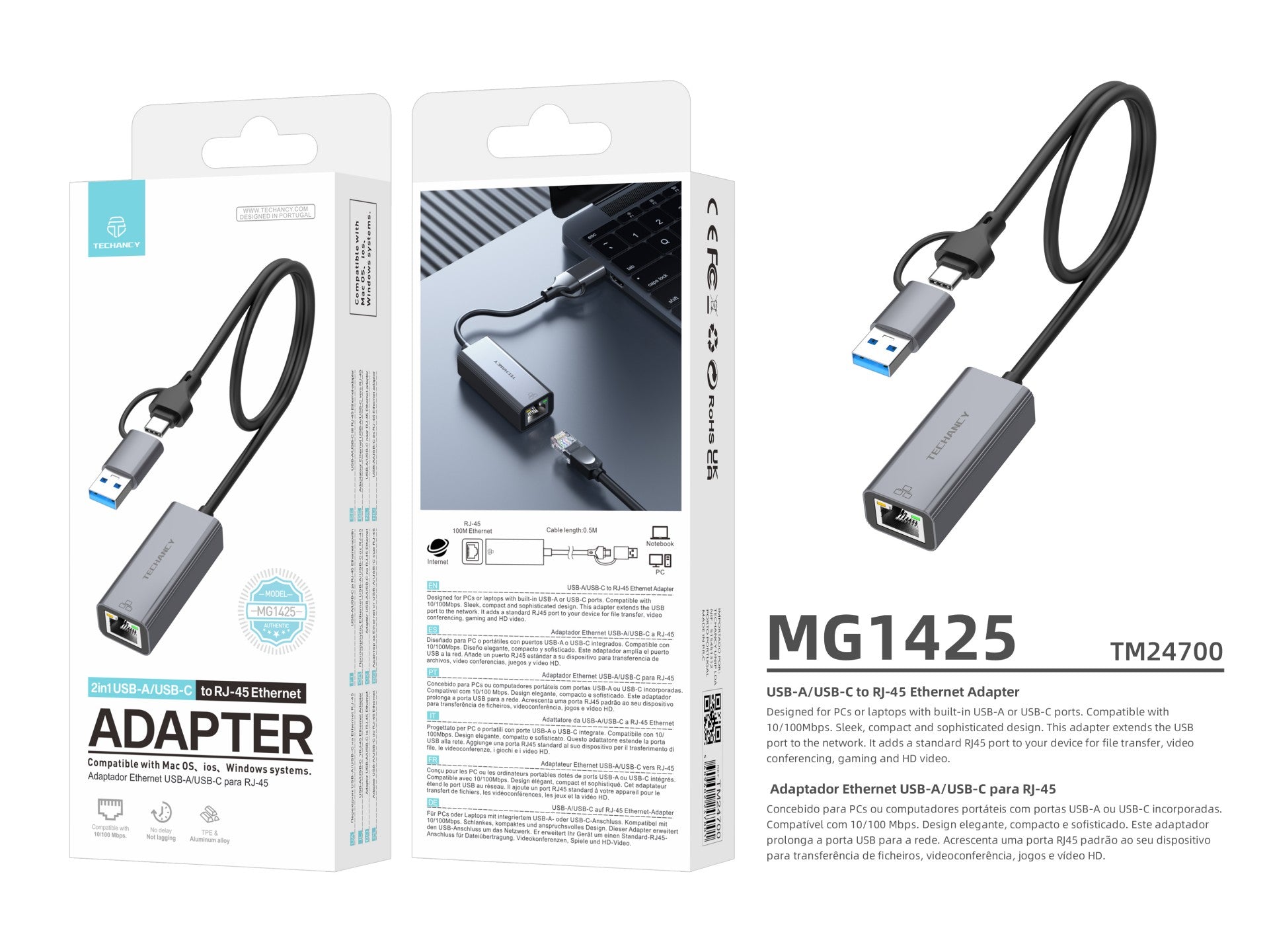 Adaptador Ethernet Techancy USB-A/USB-C a RJ-45 MG1425, compatible con sistemas Mac OS, iOS y Windows, 10/100 Mbps