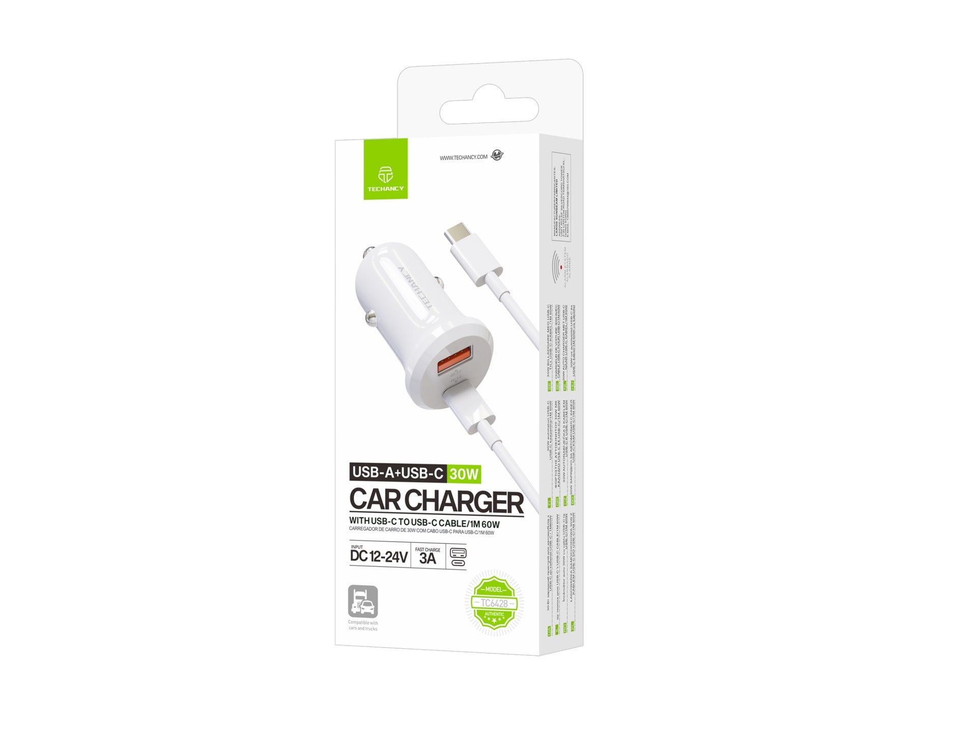 Techancy 30W Charger TC6428, USB-C Cable, Fast Charge, Multiple Protection, Compatible with Vehicles