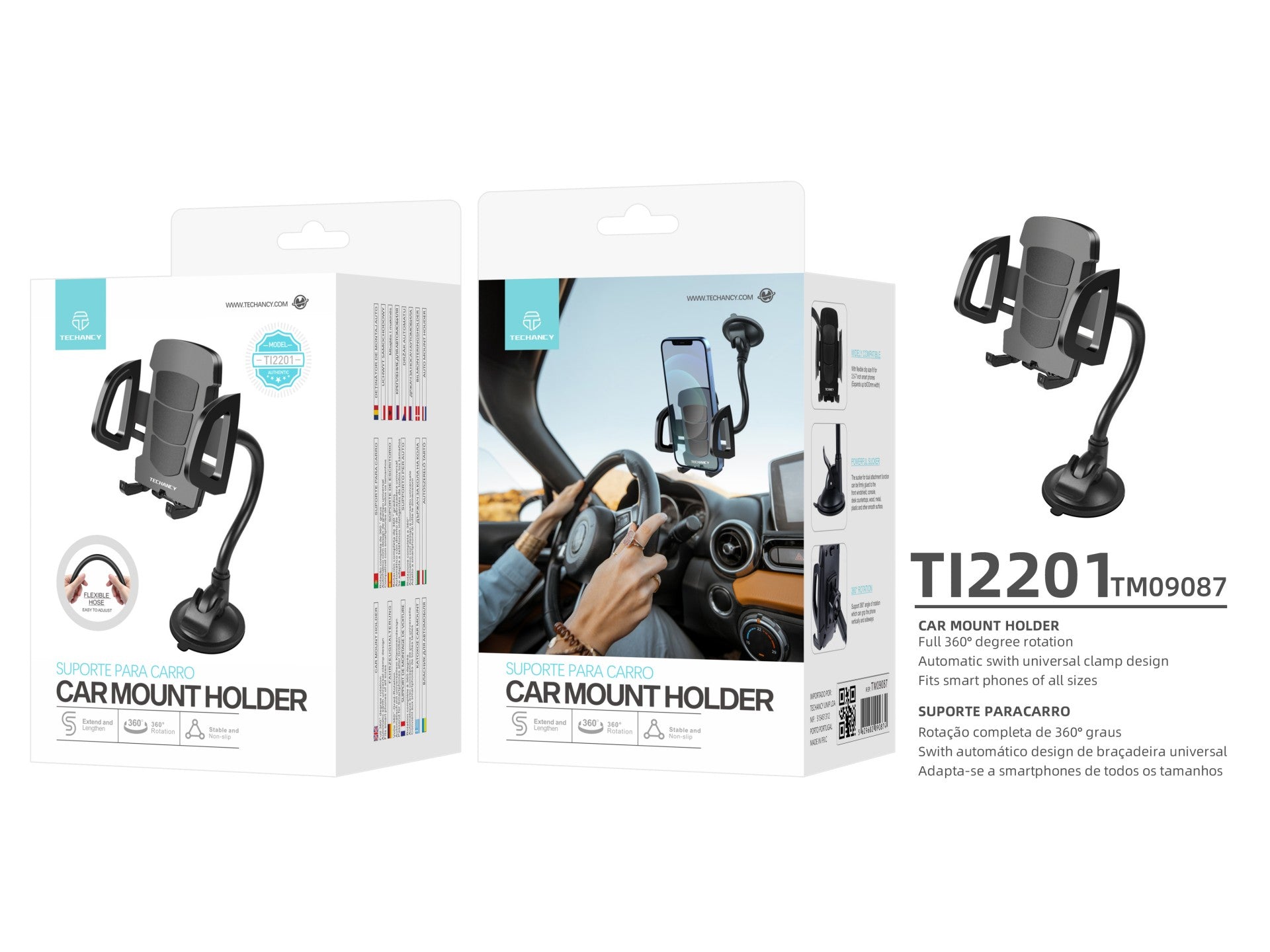 Techancy Suporte Para Telemóvel Para Automóvel Ti2201, Rotação De 360°, Forma De Mangueira Variável, 4,7-7,2 Polegadas, Preto