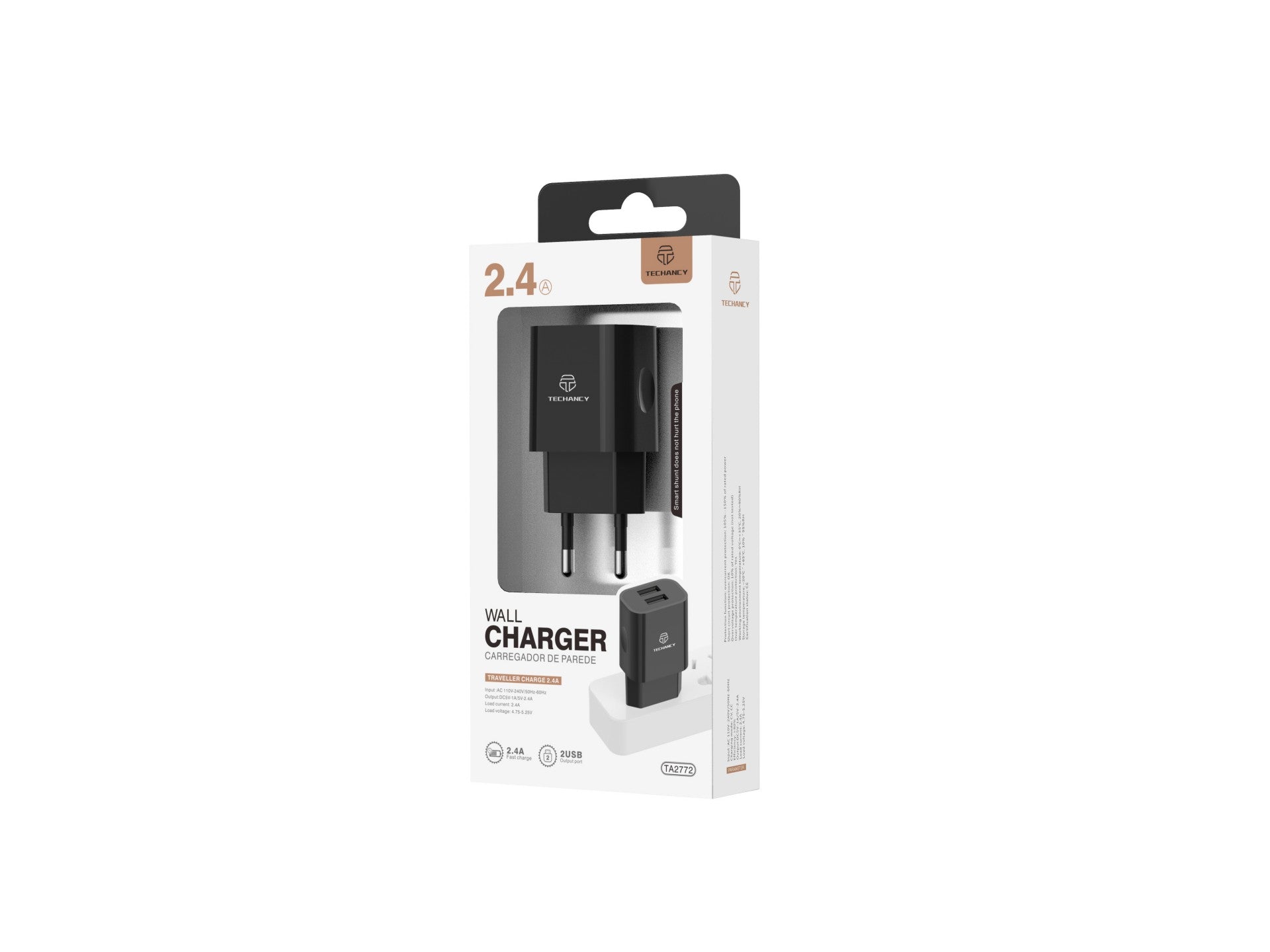 Techancy Carregador De Parede 2usb Preto TA2790, Carregamento 5V-2,4A, Conjunto De Cabos Lightning 1m, Compatível Com Iphone/Ipad